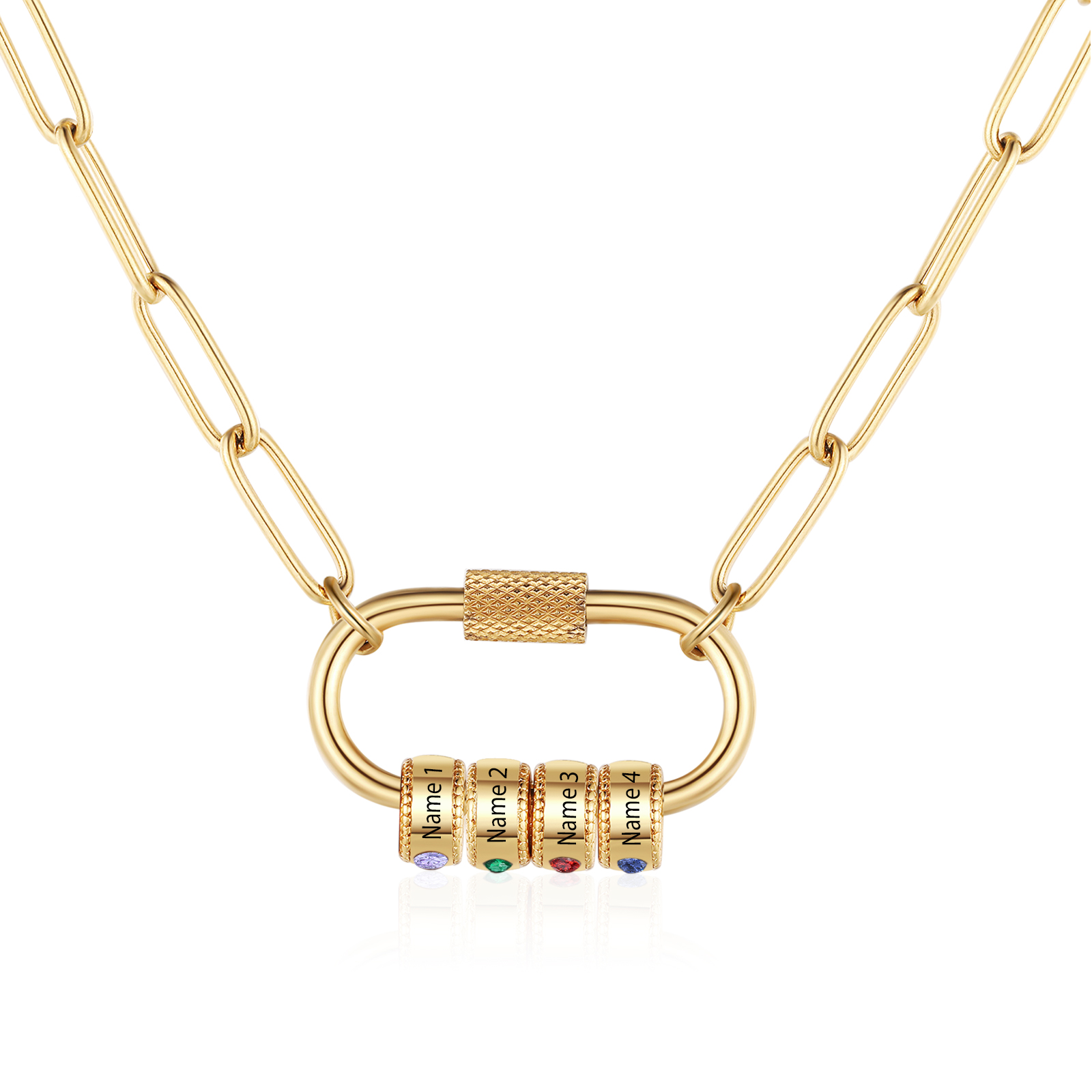 4 Names Personalised Birthstone Name Necklace – Custom Stainless Steel Chain with 4 Engraved Beads, Gold or Silver | Jessemade