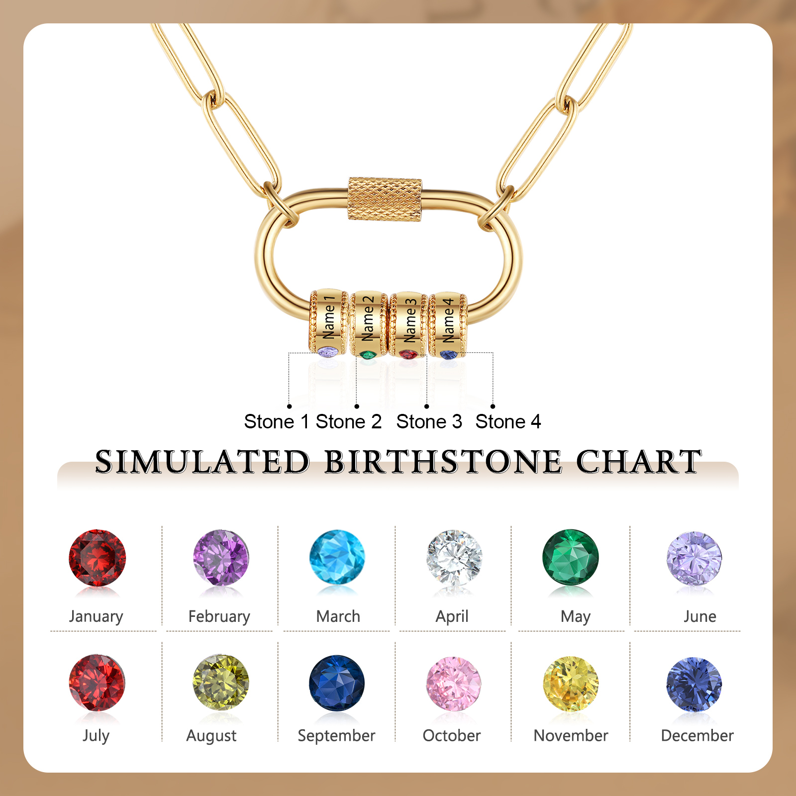 4 Names Personalised Birthstone Name Necklace – Custom Stainless Steel Chain with 4 Engraved Beads, Gold or Silver | Jessemade