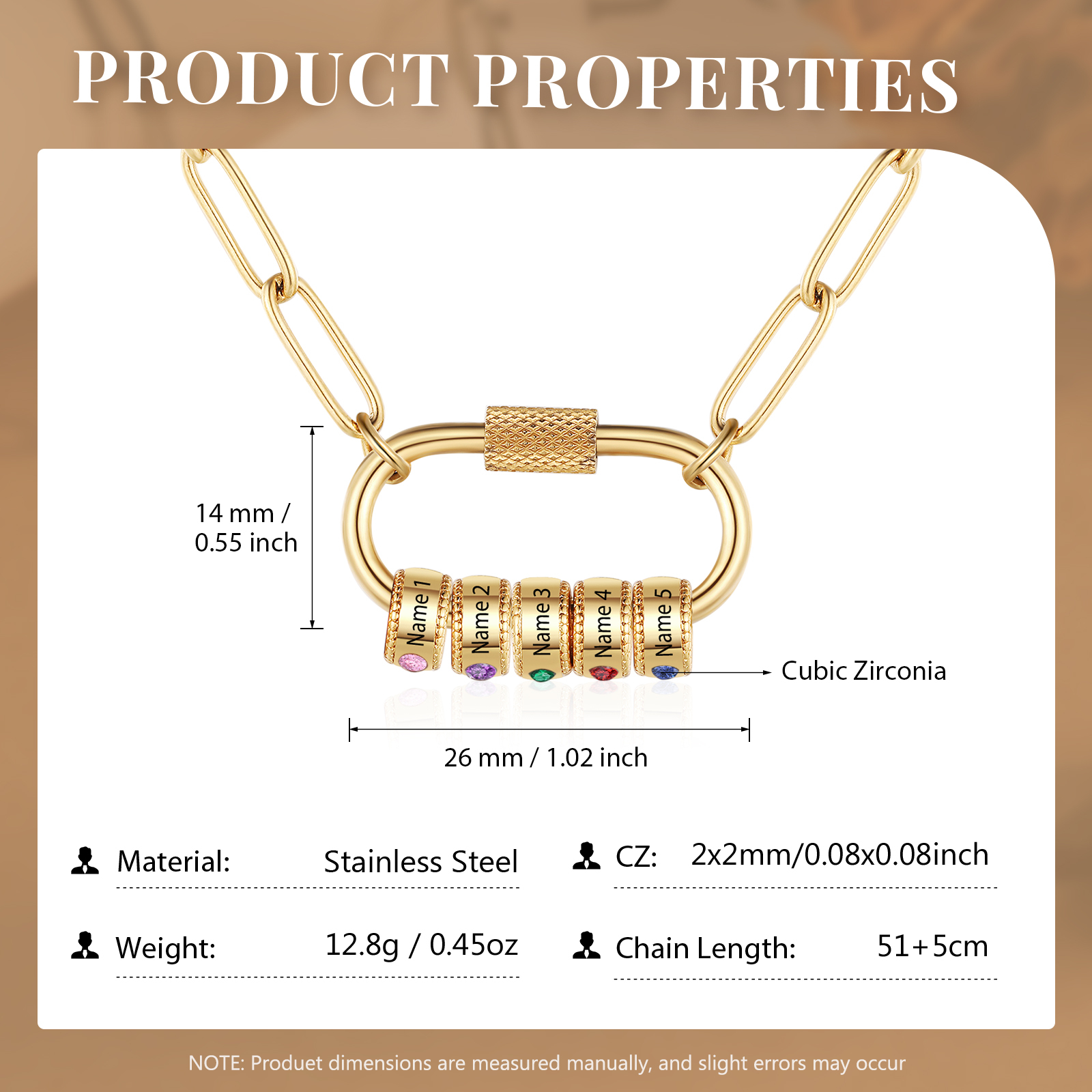 5 Names Personalised Birthstone Name Necklace – Custom Stainless Steel Chain with 5 Engraved Beads, Gold or Silver | Jessemade