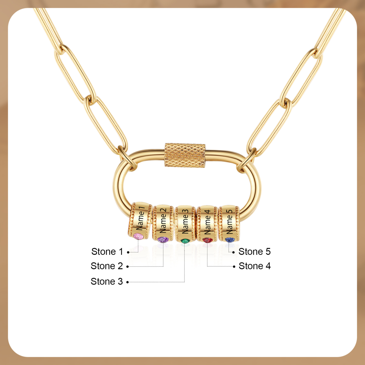 5 Names Personalised Birthstone Name Necklace – Custom Stainless Steel Chain with 5 Engraved Beads, Gold or Silver | Jessemade