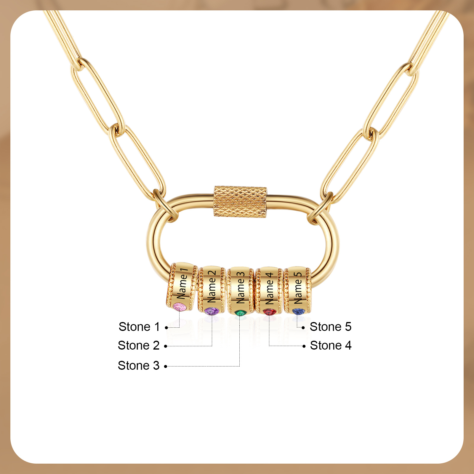 5 Names Personalised Birthstone Name Necklace – Custom Stainless Steel Chain with 5 Engraved Beads, Gold or Silver | Jessemade