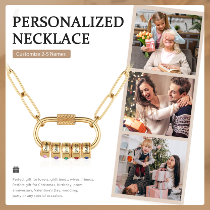 5 Names Personalised Birthstone Name Necklace – Custom Stainless Steel Chain with 5 Engraved Beads, Gold or Silver | Jessemade