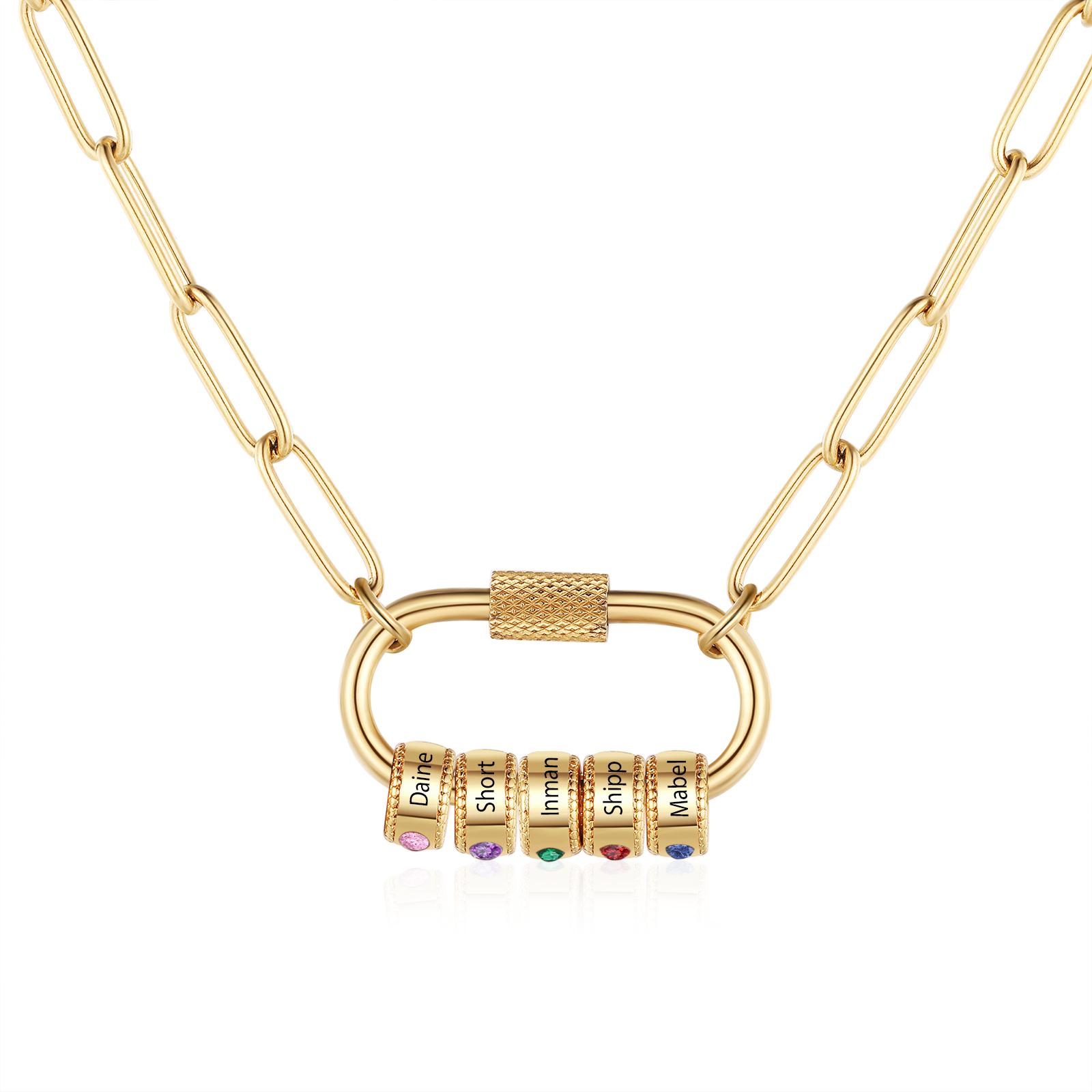 5 Names Personalised Birthstone Name Necklace – Custom Stainless Steel Chain with 5 Engraved Beads, Gold or Silver | Jessemade