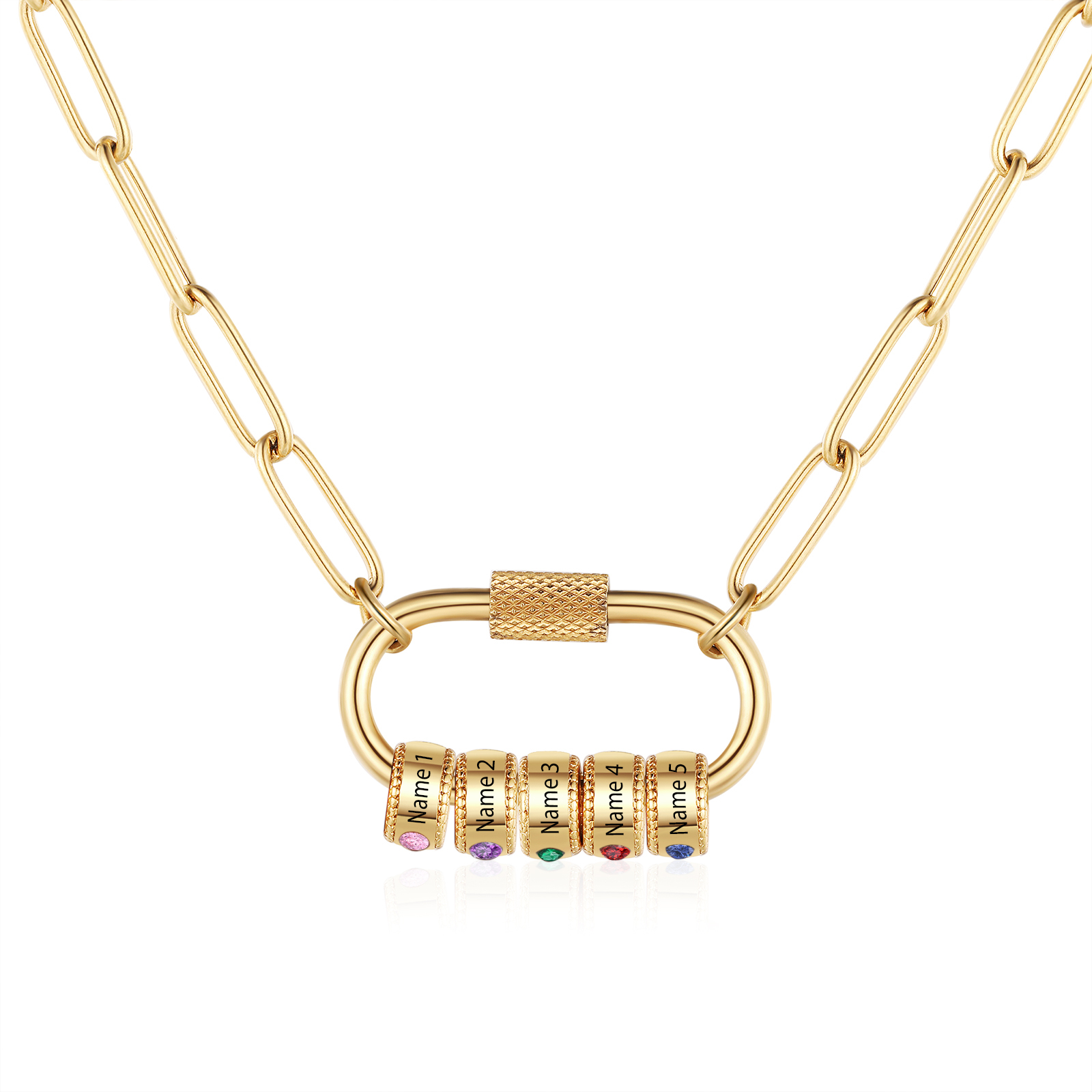 5 Names Personalised Birthstone Name Necklace – Custom Stainless Steel Chain with 5 Engraved Beads, Gold or Silver | Jessemade