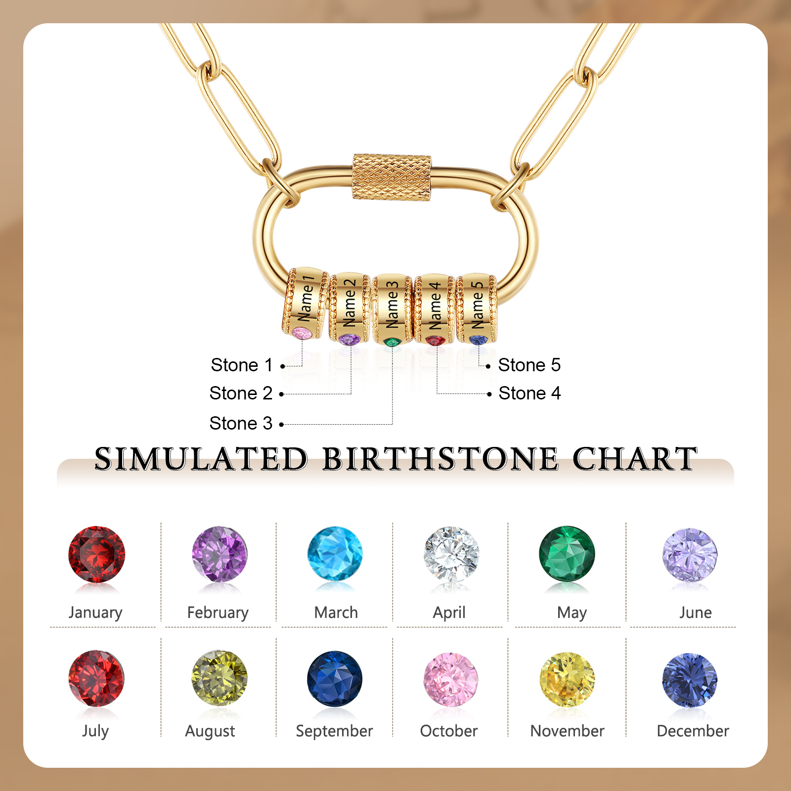 5 Names Personalised Birthstone Name Necklace – Custom Stainless Steel Chain with 5 Engraved Beads, Gold or Silver | Jessemade