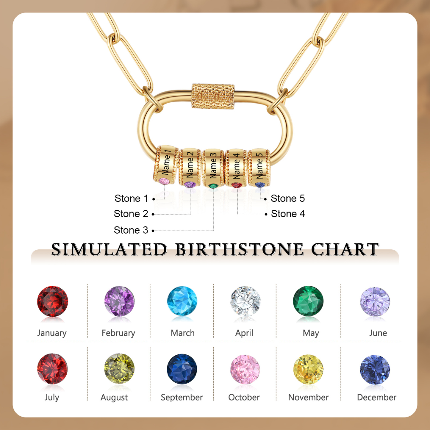 5 Names Personalised Birthstone Name Necklace – Custom Stainless Steel Chain with 5 Engraved Beads, Gold or Silver | Jessemade