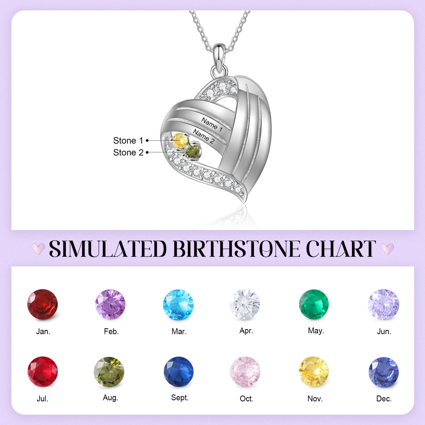 Personalised Heart Charm Necklace with 2 Names & 2 Birthstones Gift For Women | Jessemade