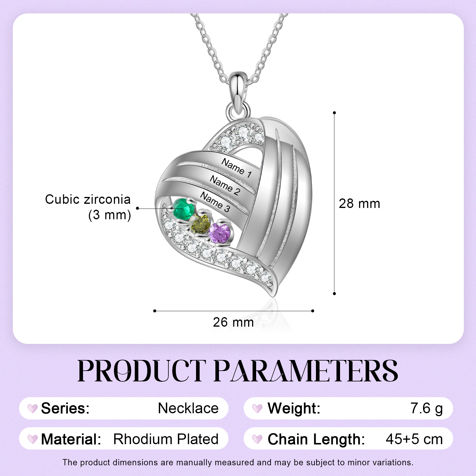 Personalised Heart Charm Necklace with 3 Names & 3 Birthstones Gift For Women | Jessemade