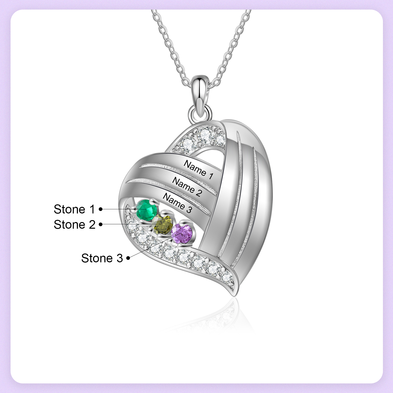 Personalised Heart Charm Necklace with 3 Names & 3 Birthstones Gift For Women | Jessemade