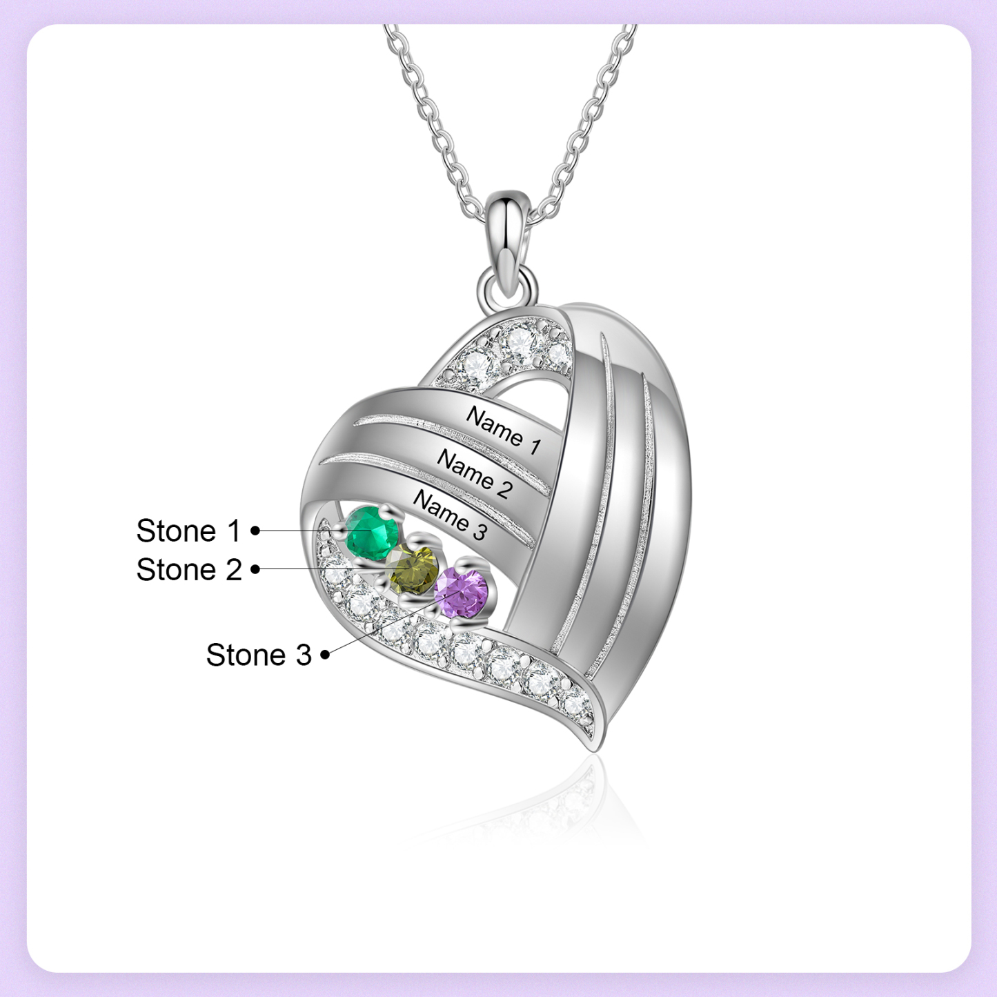 Personalised Heart Charm Necklace with 3 Names & 3 Birthstones Gift For Women | Jessemade