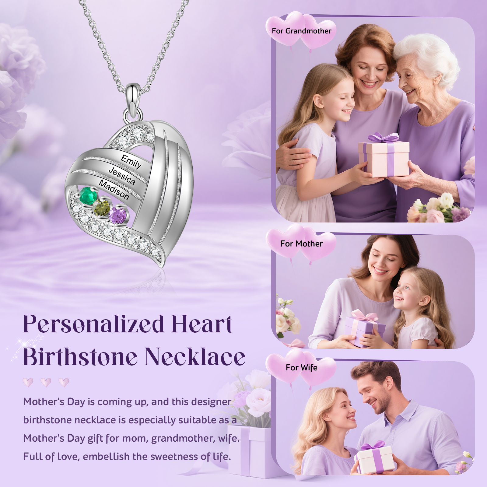 Personalised Heart Charm Necklace with 3 Names & 3 Birthstones Gift For Women | Jessemade