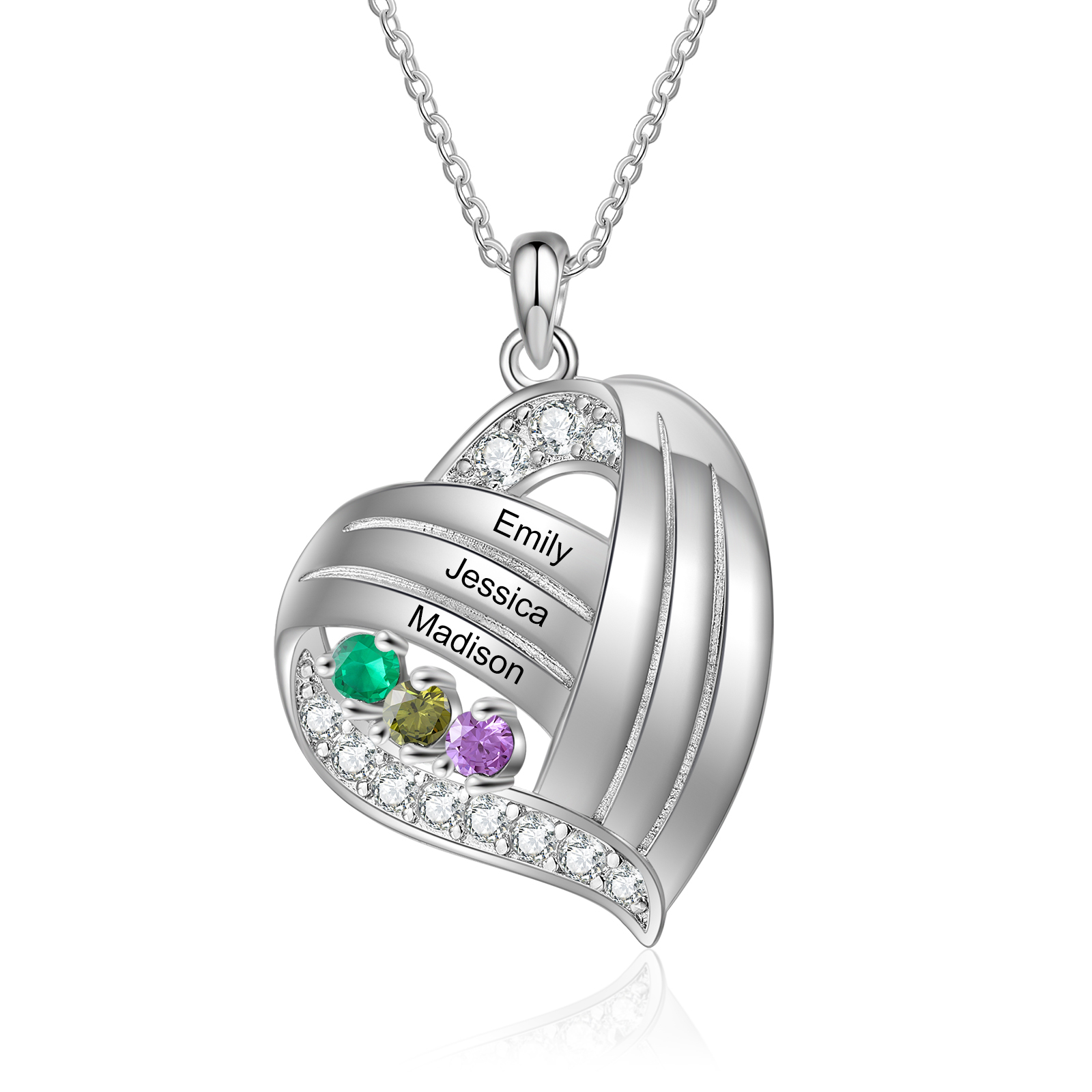 Personalised Heart Charm Necklace with 3 Names & 3 Birthstones Gift For Women | Jessemade