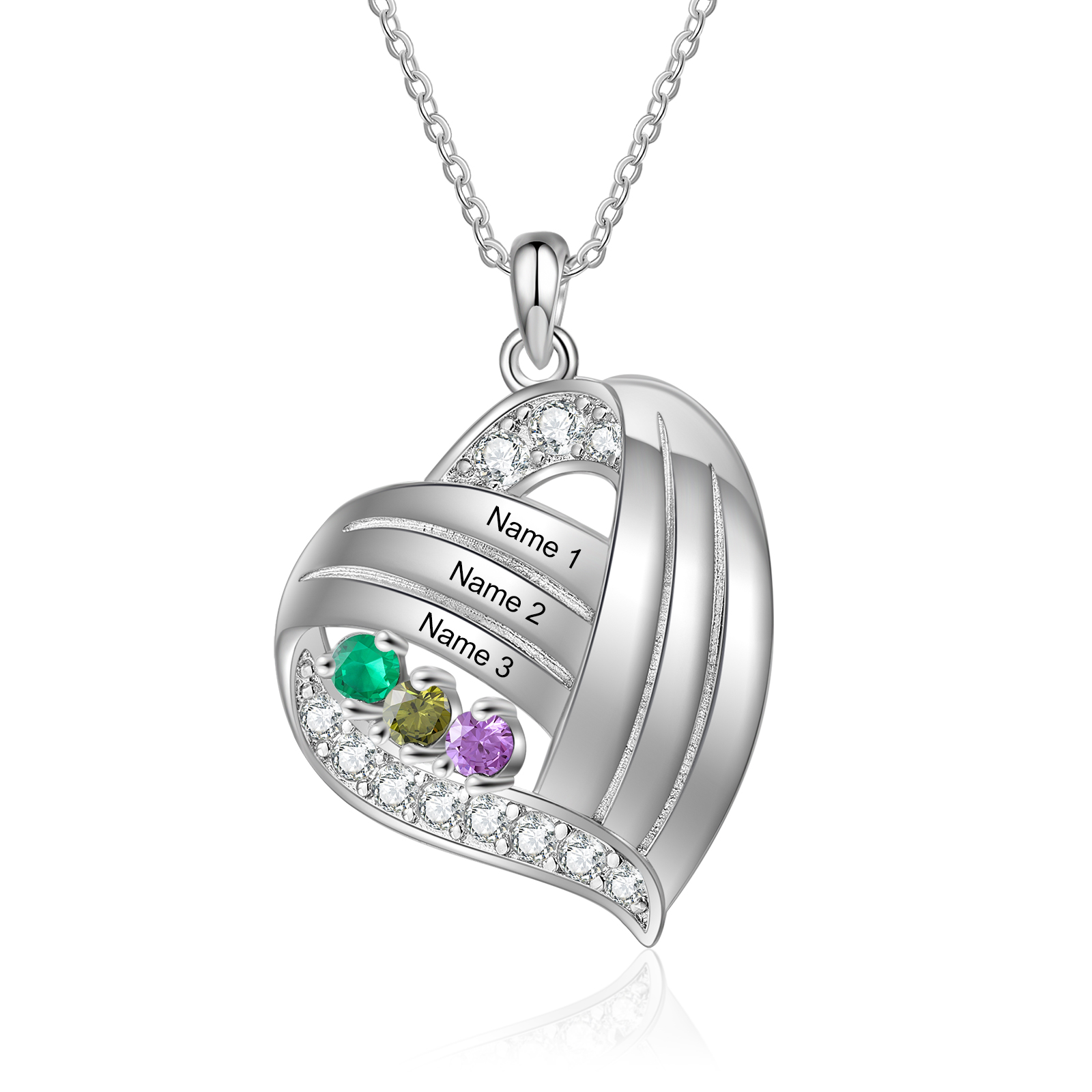 Personalised Heart Charm Necklace with 3 Names & 3 Birthstones Gift For Women | Jessemade