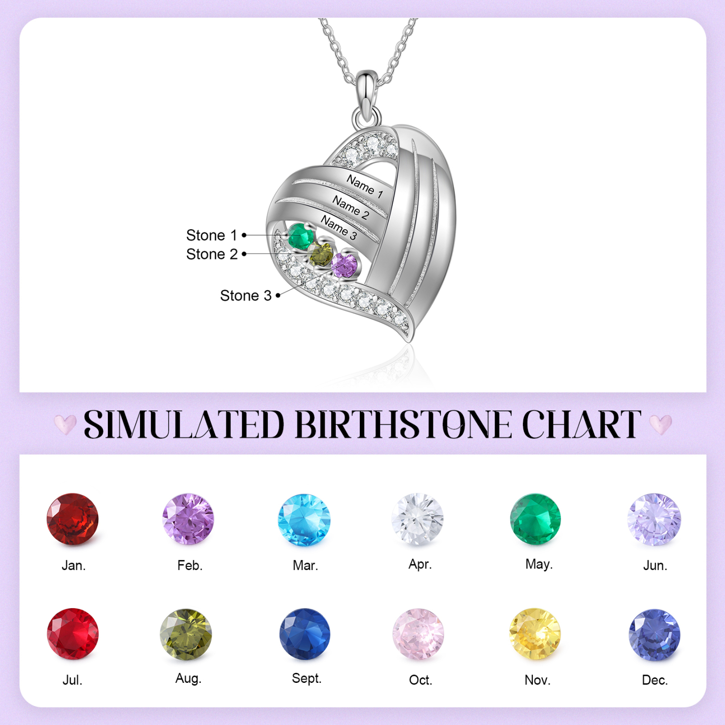 Personalised Heart Charm Necklace with 3 Names & 3 Birthstones Gift For Women | Jessemade