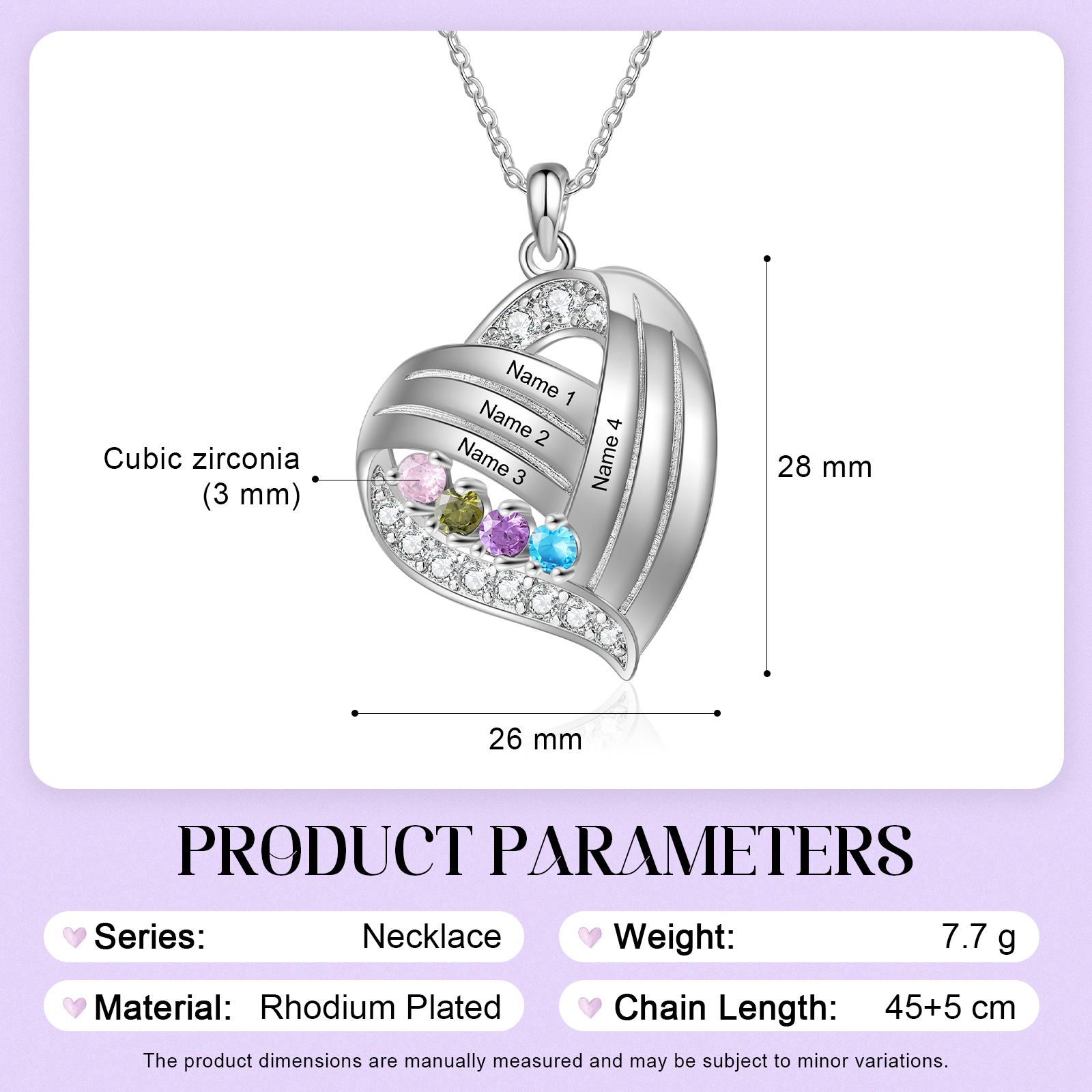 Personalised Heart Charm Necklace with 4 Names & 4 Birthstones Gift For Women | Jessemade