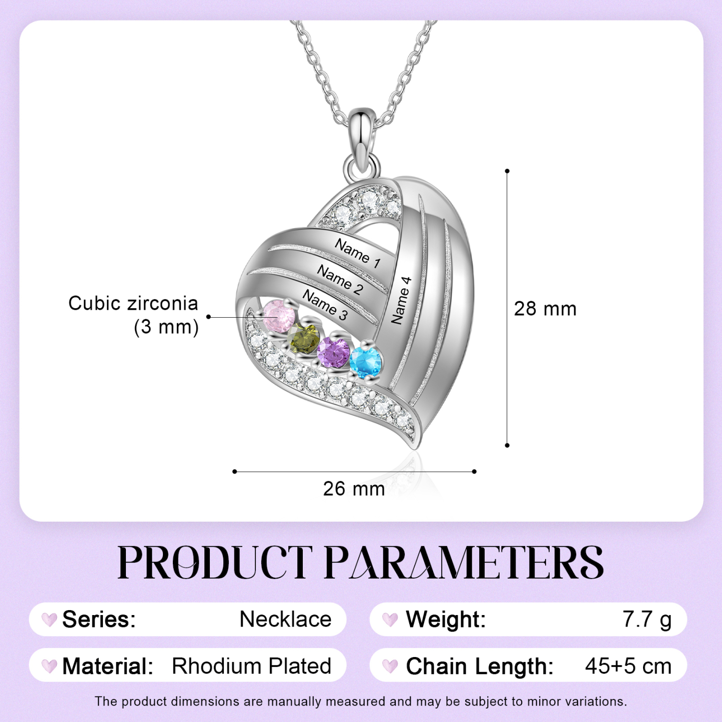 Personalised Heart Charm Necklace with 4 Names & 4 Birthstones Gift For Women | Jessemade