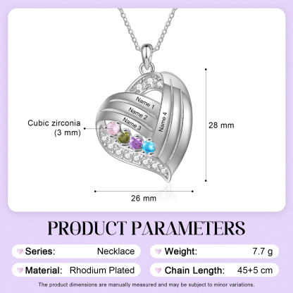 Personalised Heart Charm Necklace with 4 Names & 4 Birthstones Gift For Women | Jessemade