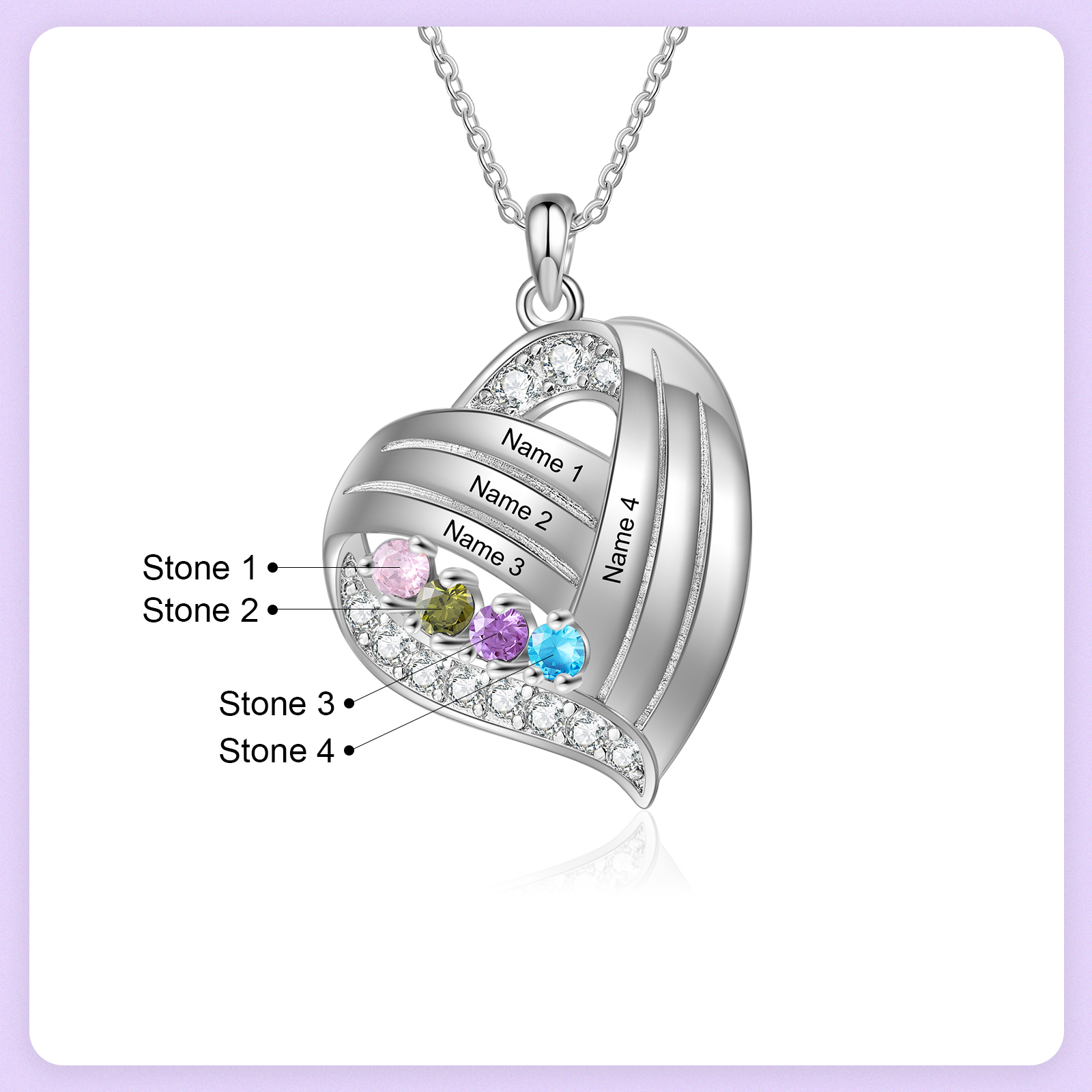 Personalised Heart Charm Necklace with 4 Names & 4 Birthstones Gift For Women | Jessemade