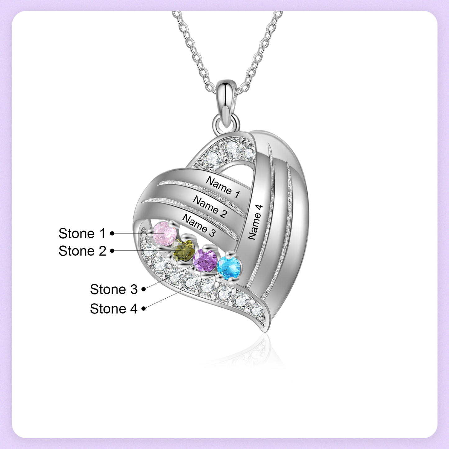 Personalised Heart Charm Necklace with 4 Names & 4 Birthstones Gift For Women | Jessemade