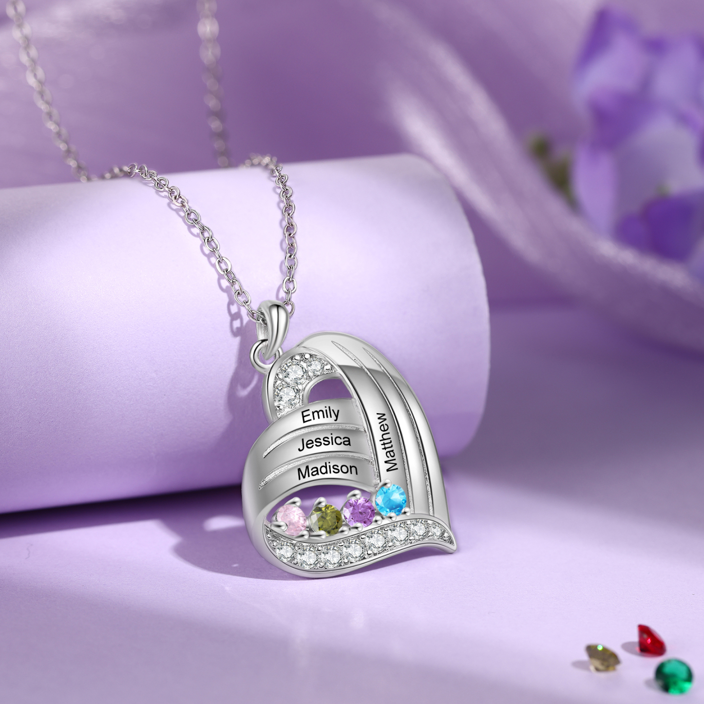 Personalised Heart Charm Necklace with 4 Names & 4 Birthstones Gift For Women | Jessemade