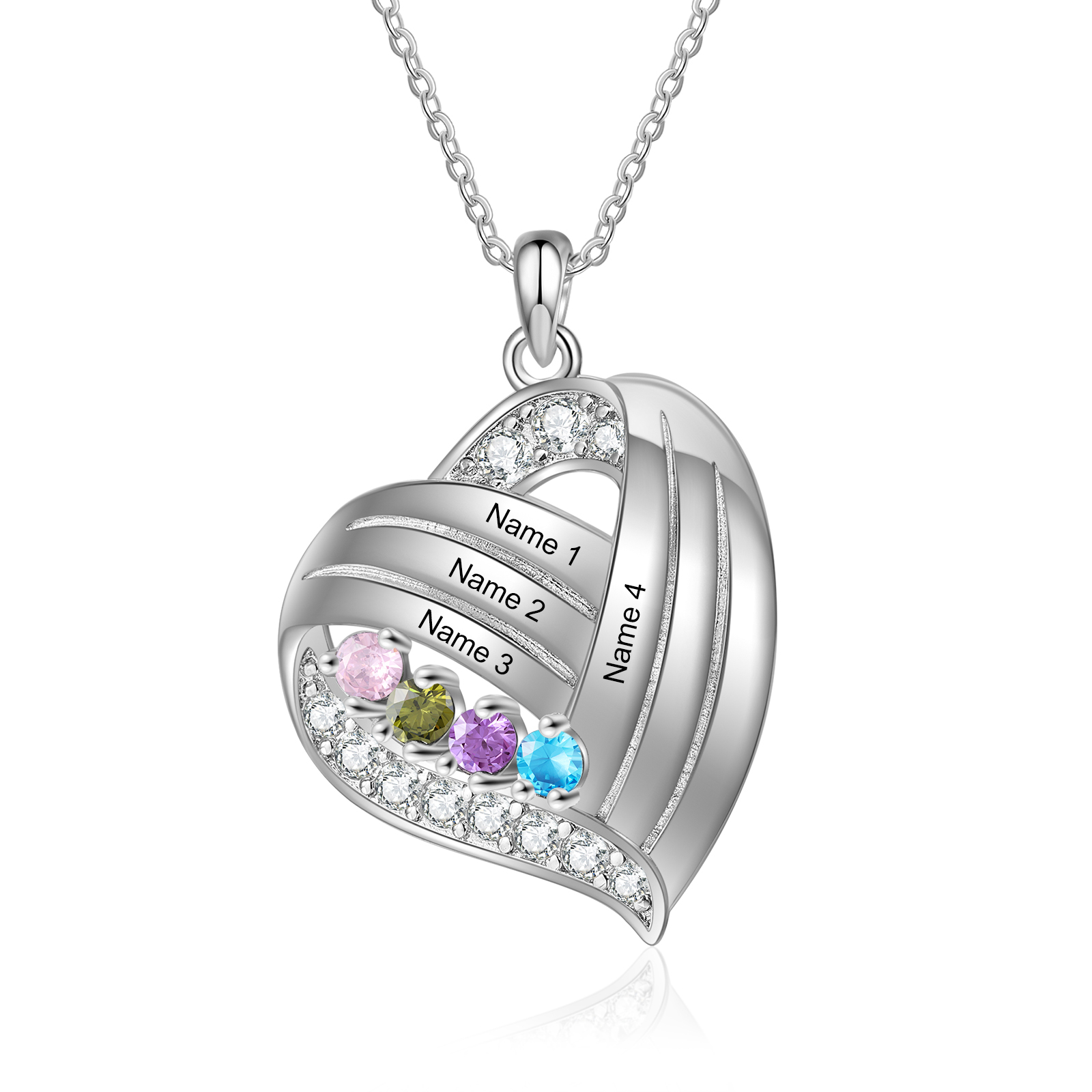 Personalised Heart Charm Necklace with 4 Names & 4 Birthstones Gift For Women | Jessemade