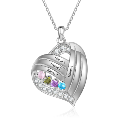 Personalised Heart Charm Necklace with 4 Names & 4 Birthstones Gift For Women | Jessemade