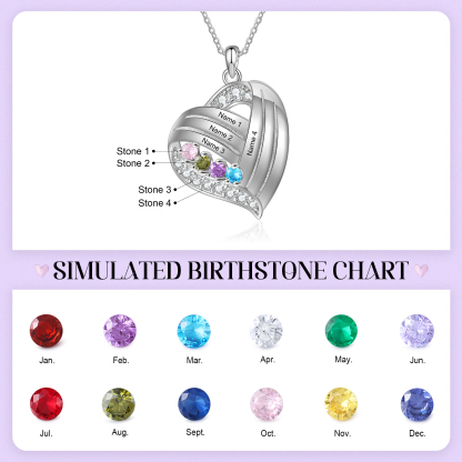 Personalised Heart Charm Necklace with 4 Names & 4 Birthstones Gift For Women | Jessemade