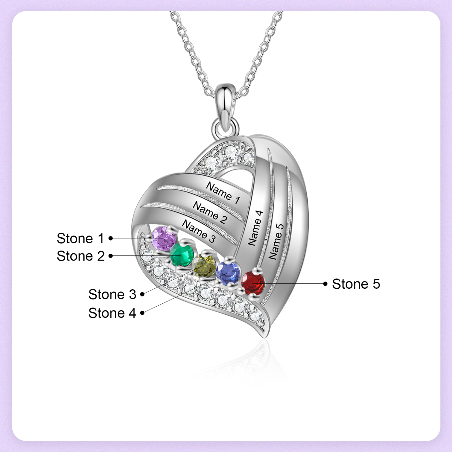 Personalised Heart Charm Necklace with 5 Names & 5 Birthstones Gift For Women | Jessemade
