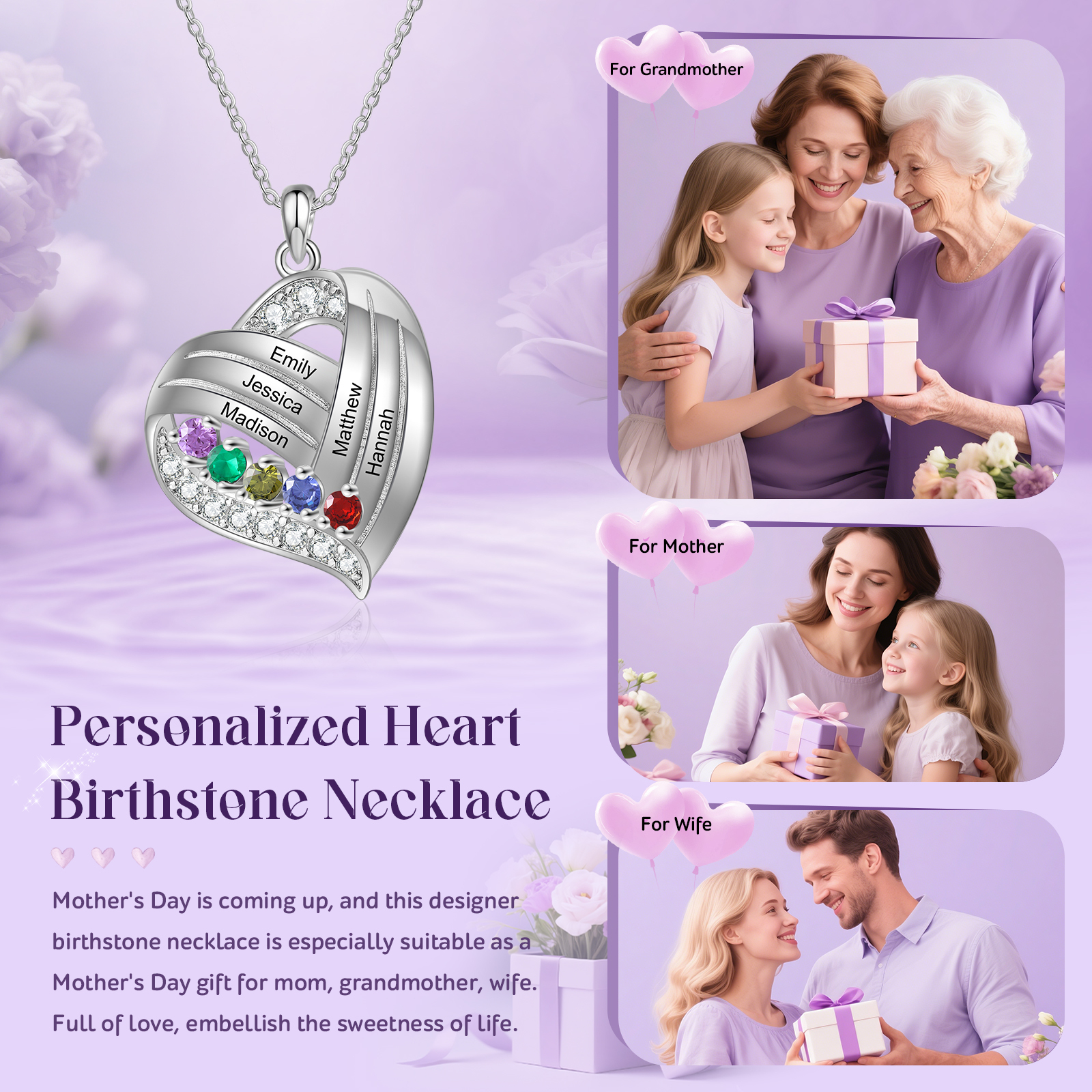 Personalised Heart Charm Necklace with 5 Names & 5 Birthstones Gift For Women | Jessemade