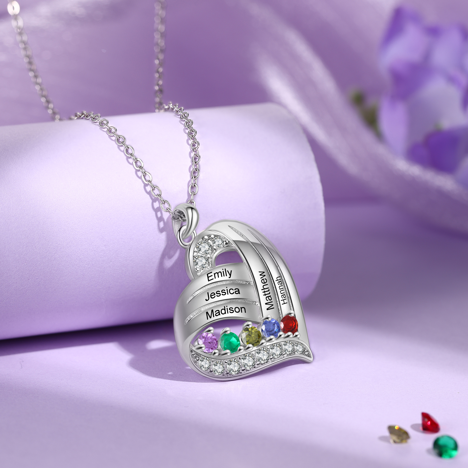 Personalised Heart Charm Necklace with 5 Names & 5 Birthstones Gift For Women | Jessemade