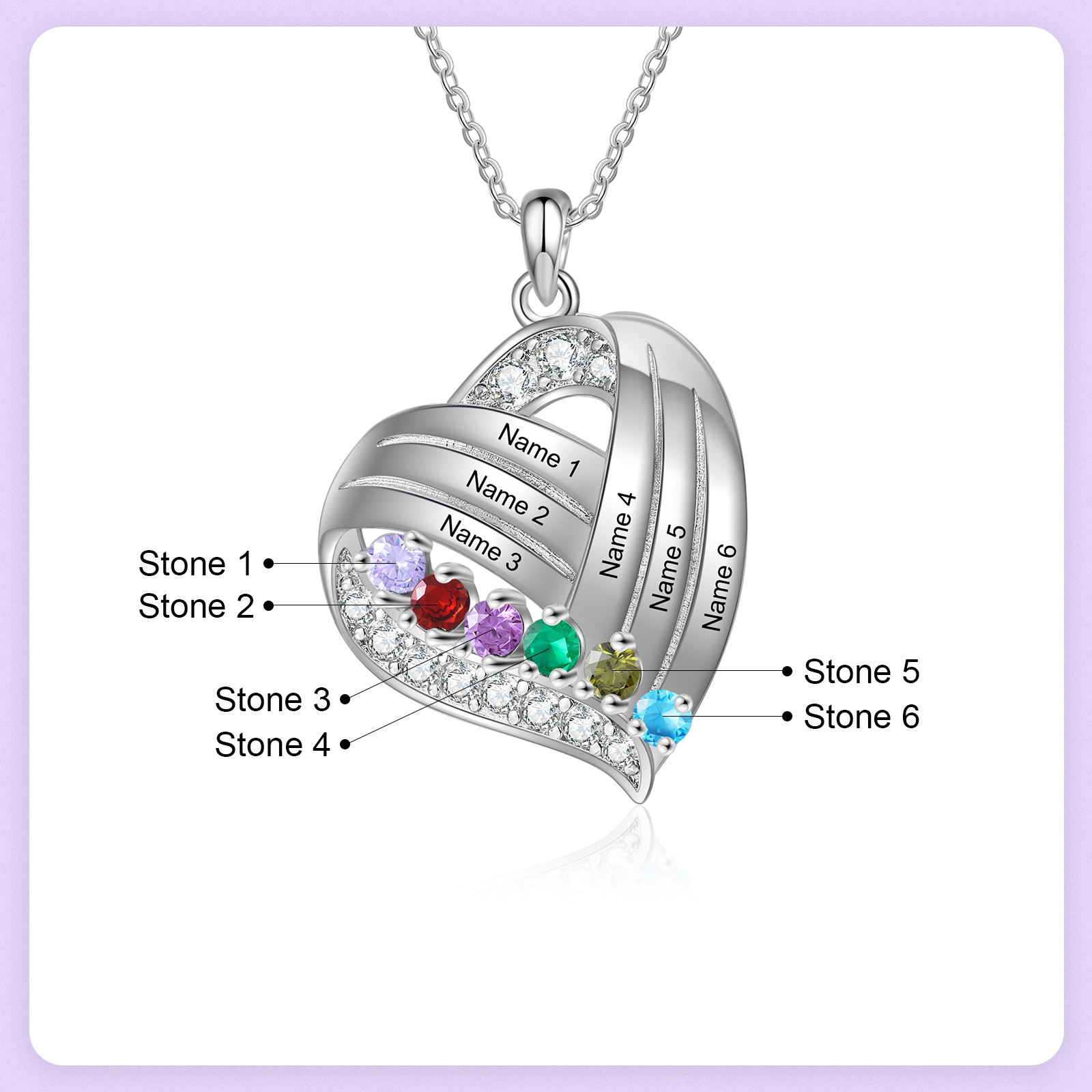 Personalised Heart Charm Necklace with 6 Names & 6 Birthstones Gift For Women | Jessemade