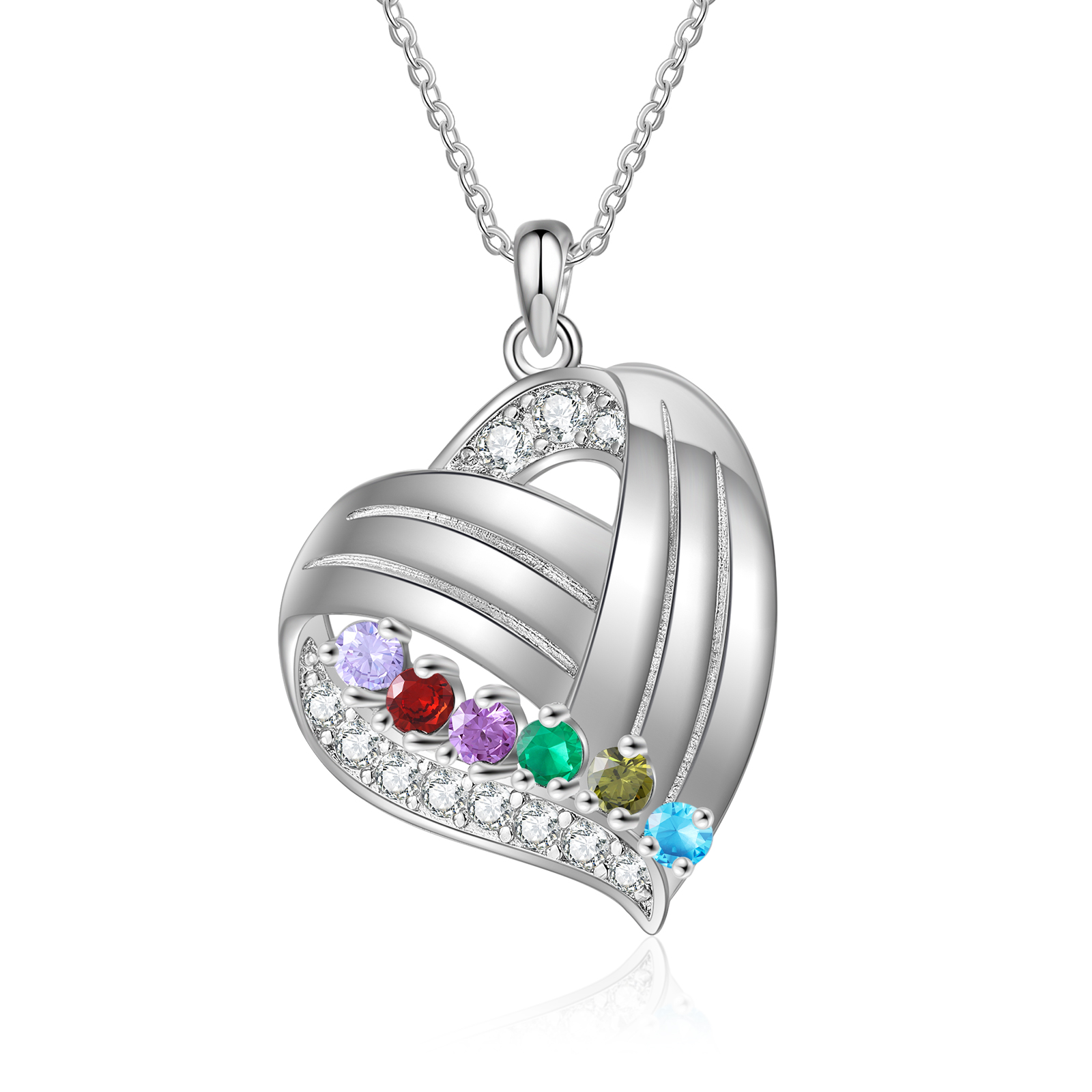 Personalised Heart Charm Necklace with 6 Names & 6 Birthstones Gift For Women | Jessemade