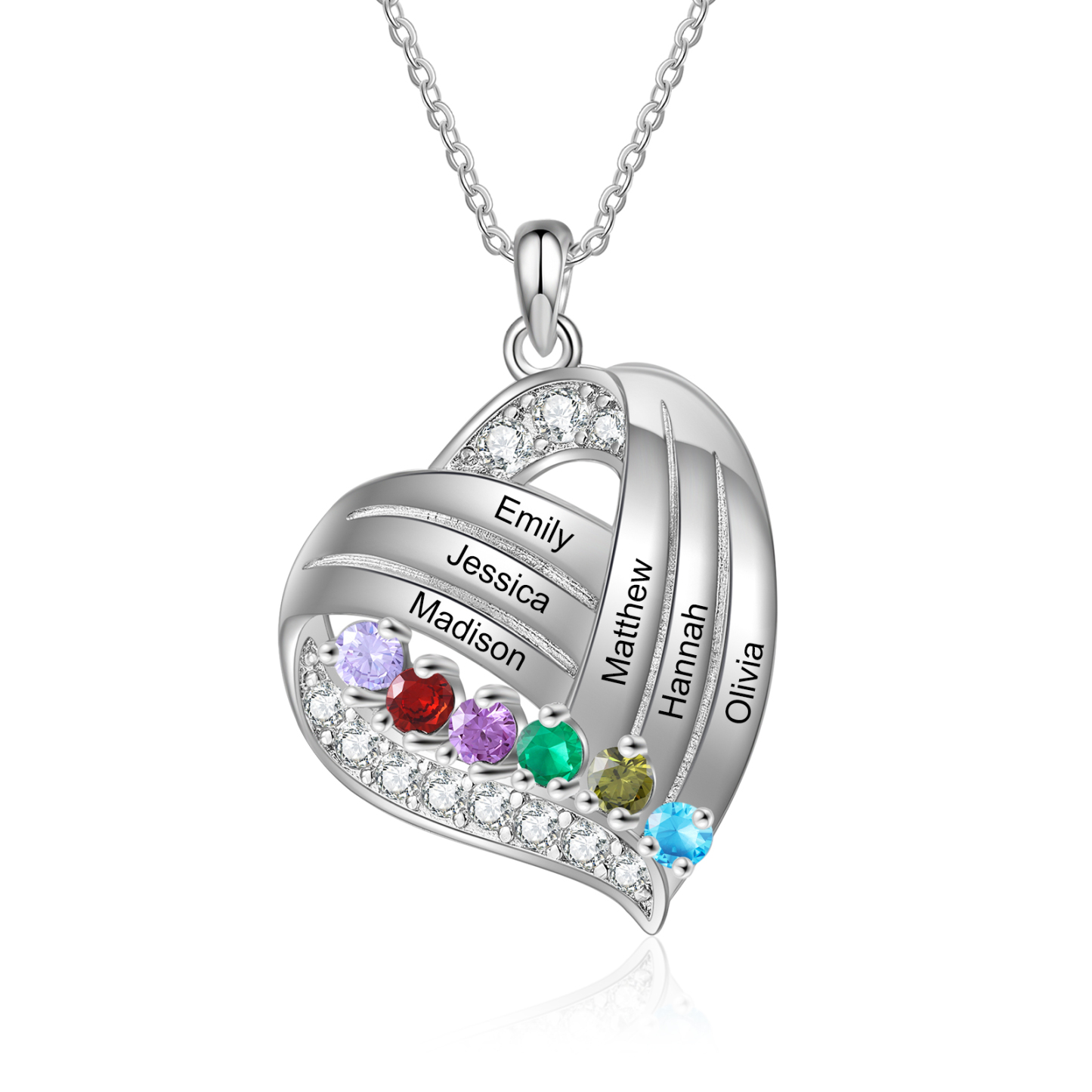 Personalised Heart Charm Necklace with 6 Names & 6 Birthstones Gift For Women | Jessemade