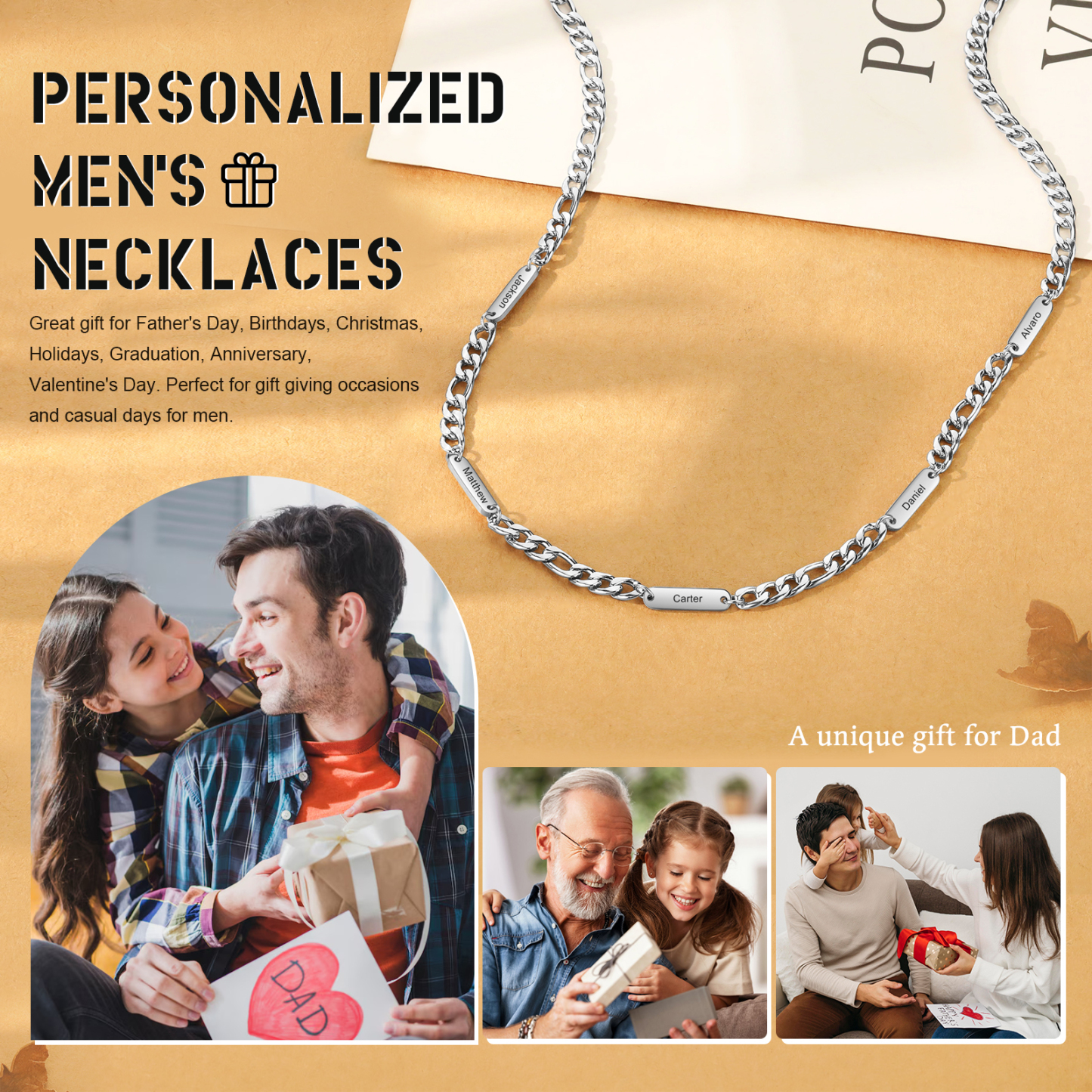 Custom 5 Names Necklace for Men – Personalised Stainless Steel Chain, Daily Wear Gift for Him | Jessemade