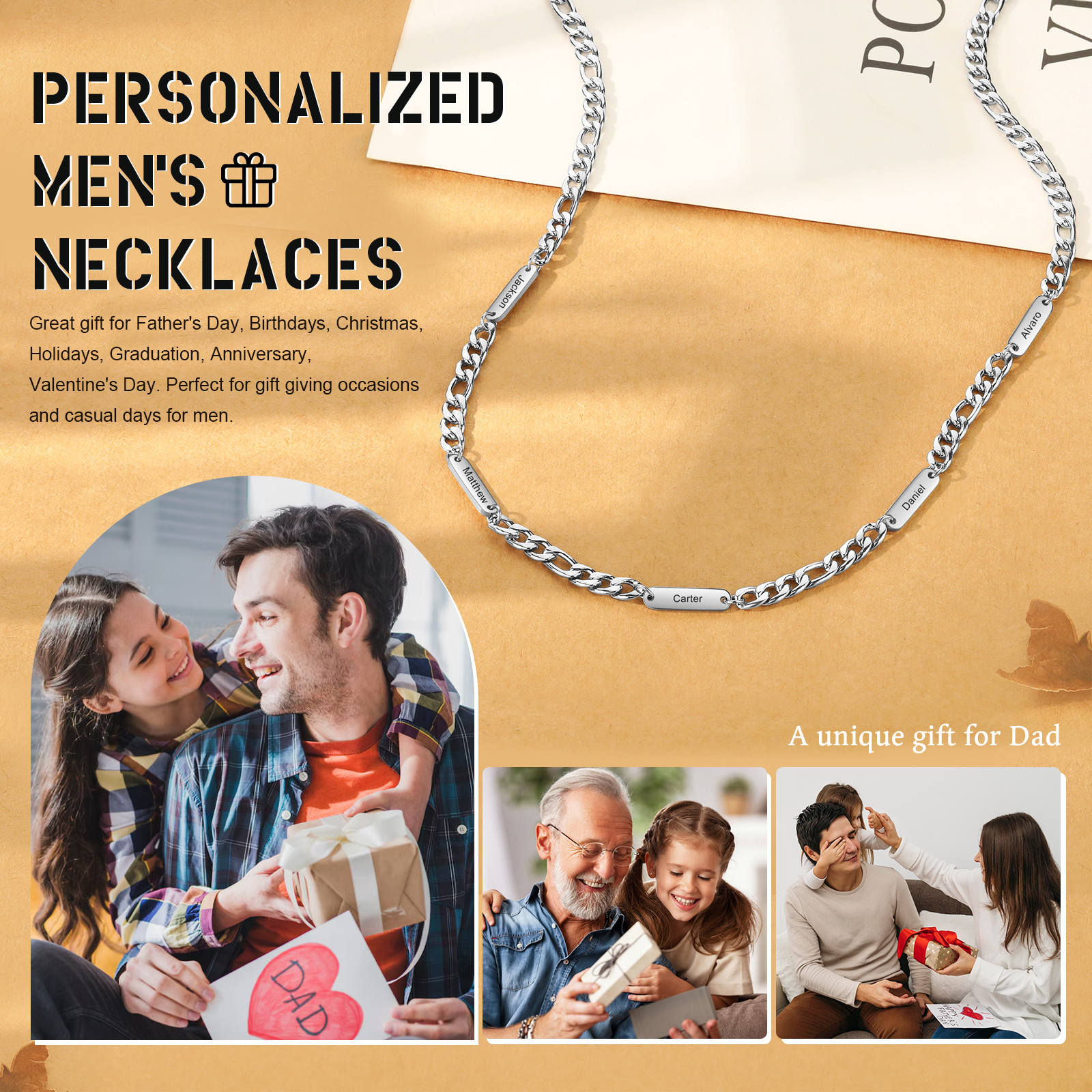 Custom 5 Names Necklace for Men – Personalised Stainless Steel Chain, Daily Wear Gift for Him | Jessemade