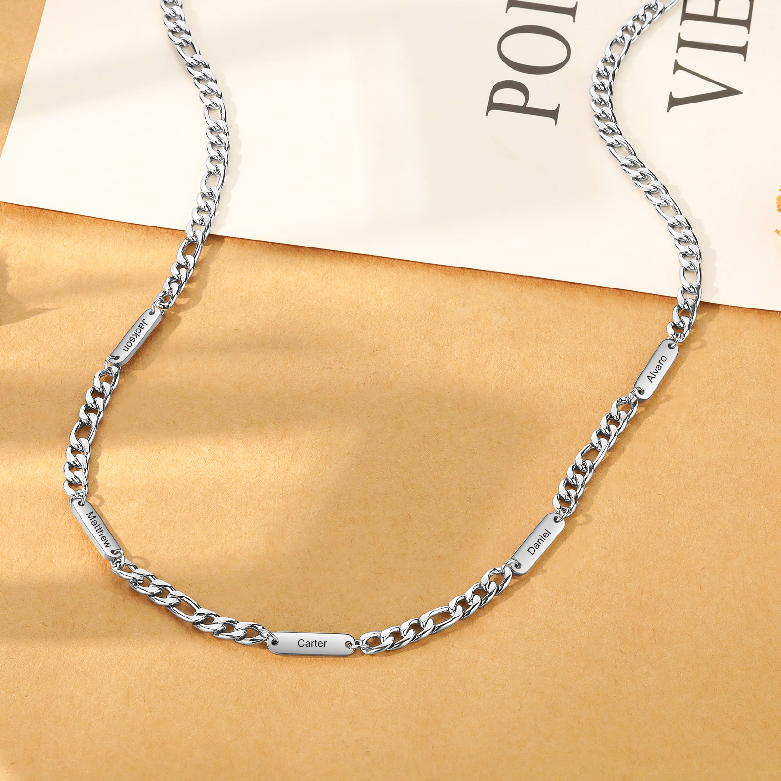 Custom 5 Names Necklace for Men – Personalised Stainless Steel Chain,