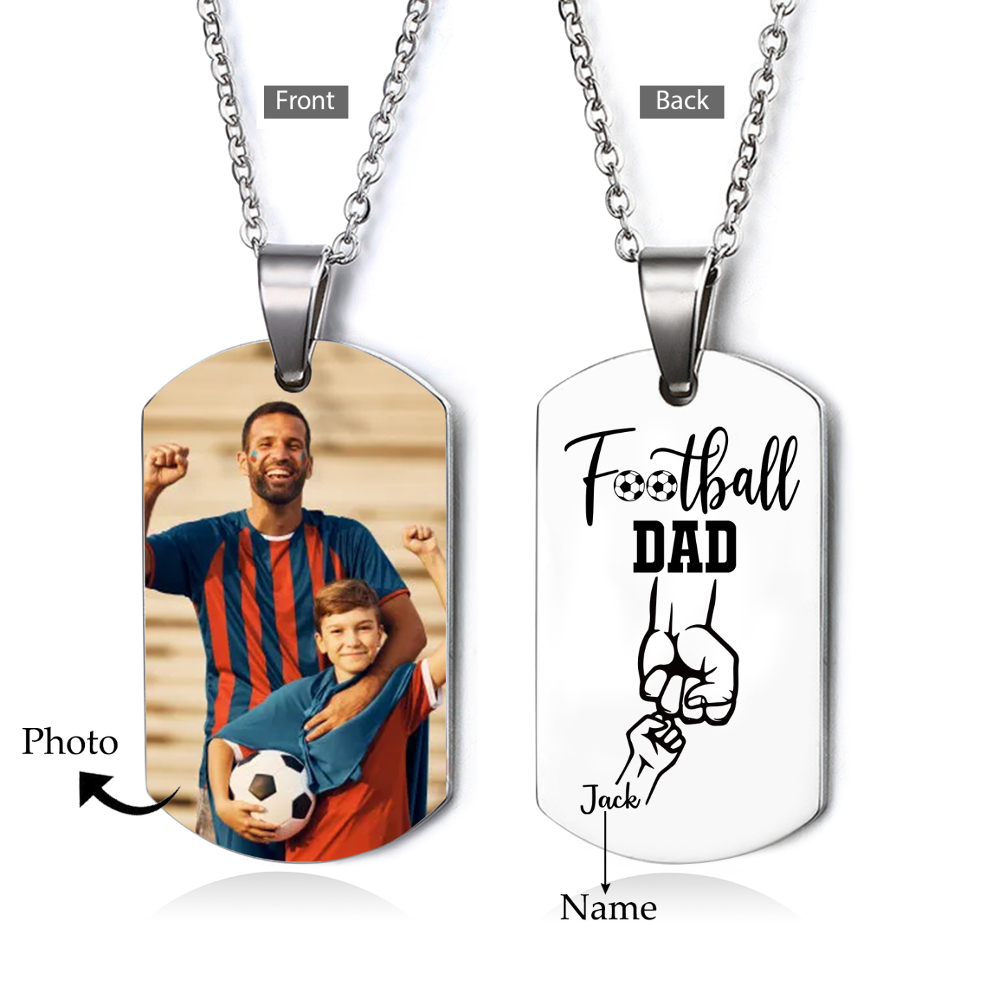 Personalised Football Dad Photo Necklace – Custom Fist Bump Pendant with 1 Children’s Names | Jessemade