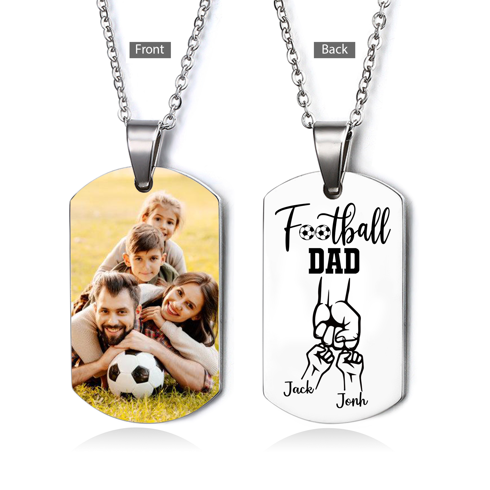Personalised Football Dad Photo Necklace – Custom Fist Bump Pendant with 2 Kids' Names | Jessemade