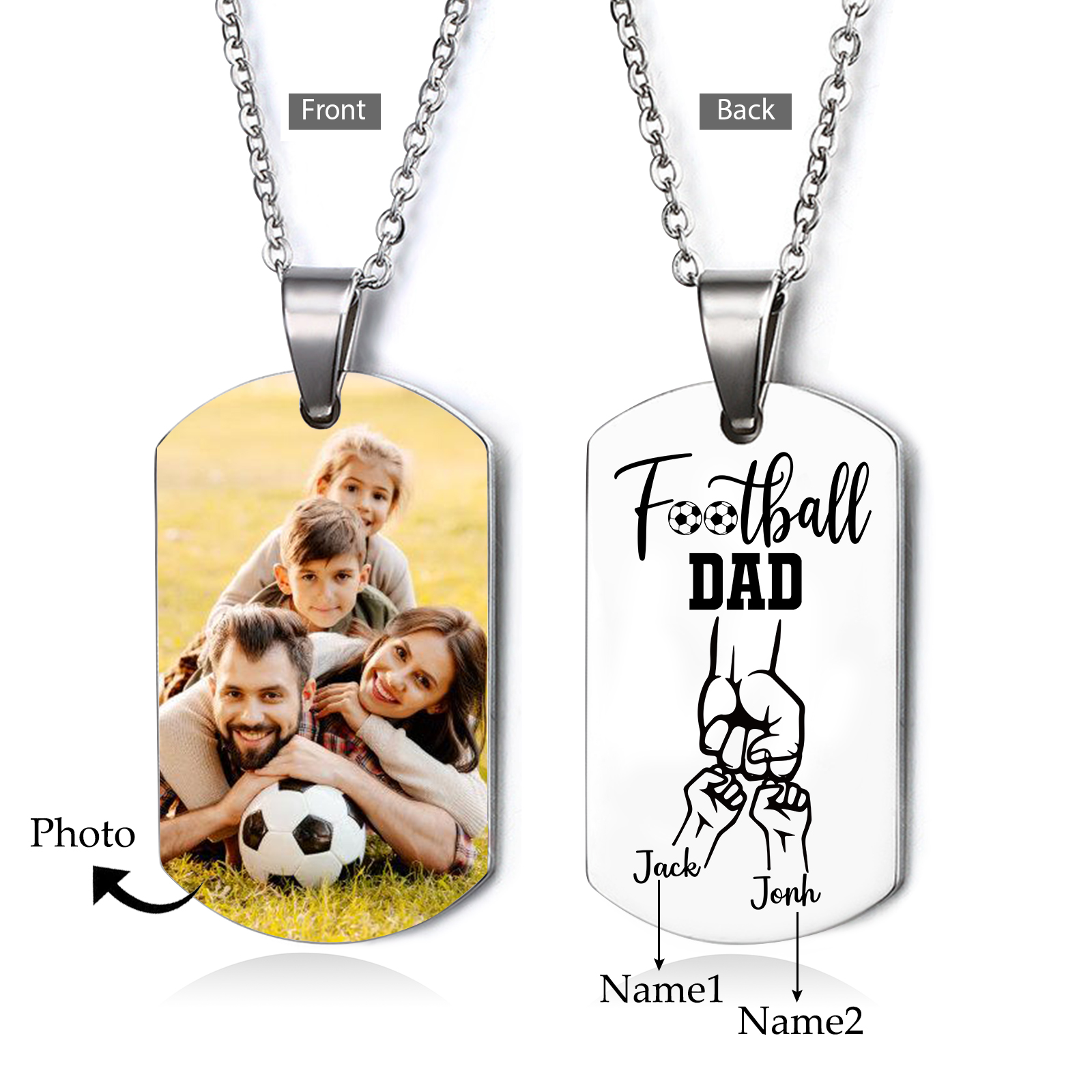 Personalised Football Dad Photo Necklace – Custom Fist Bump Pendant with 2 Kids' Names | Jessemade