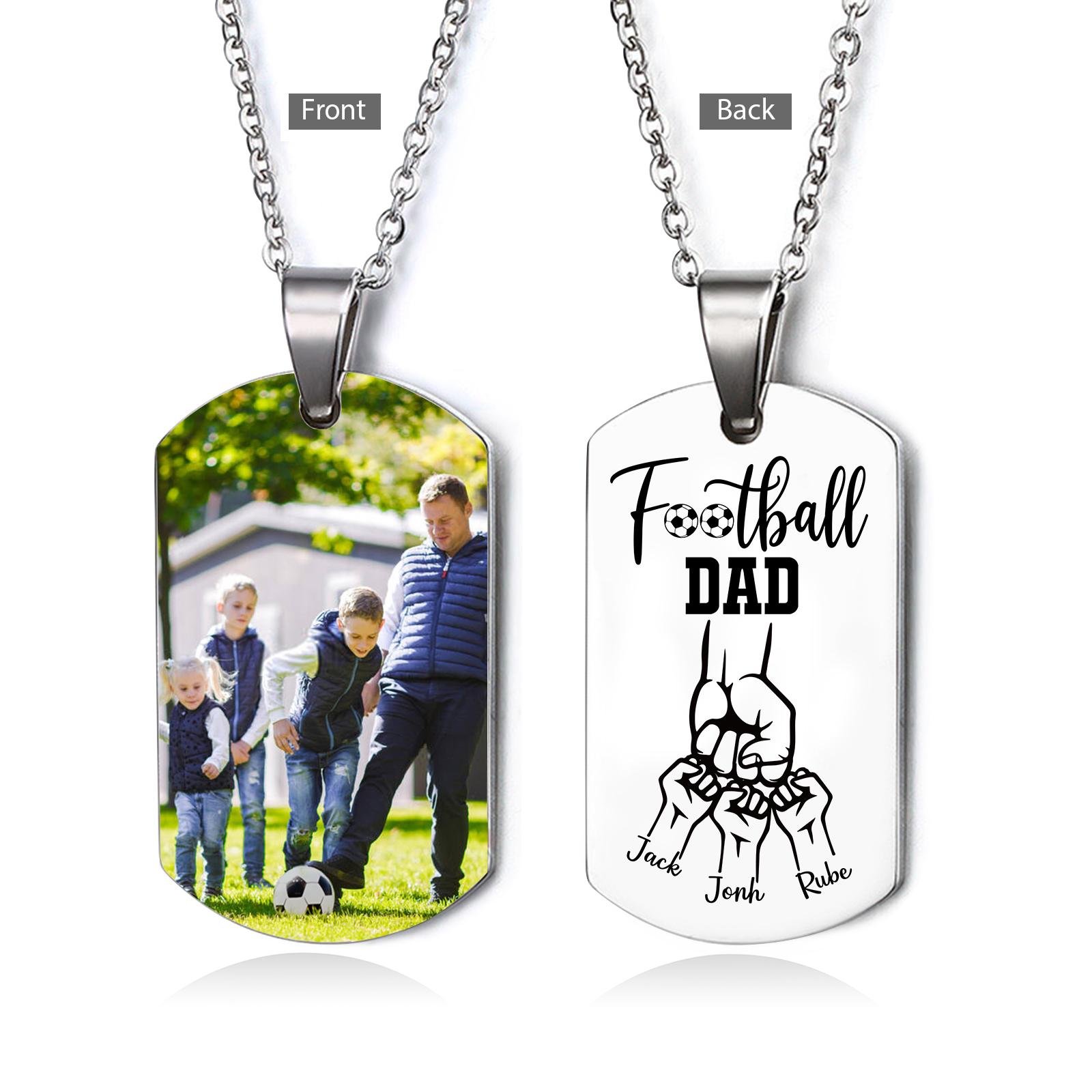 Personalised Football Dad Photo Necklace – Custom Fist Bump Pendant with 3 Kids' Names | Jessemade
