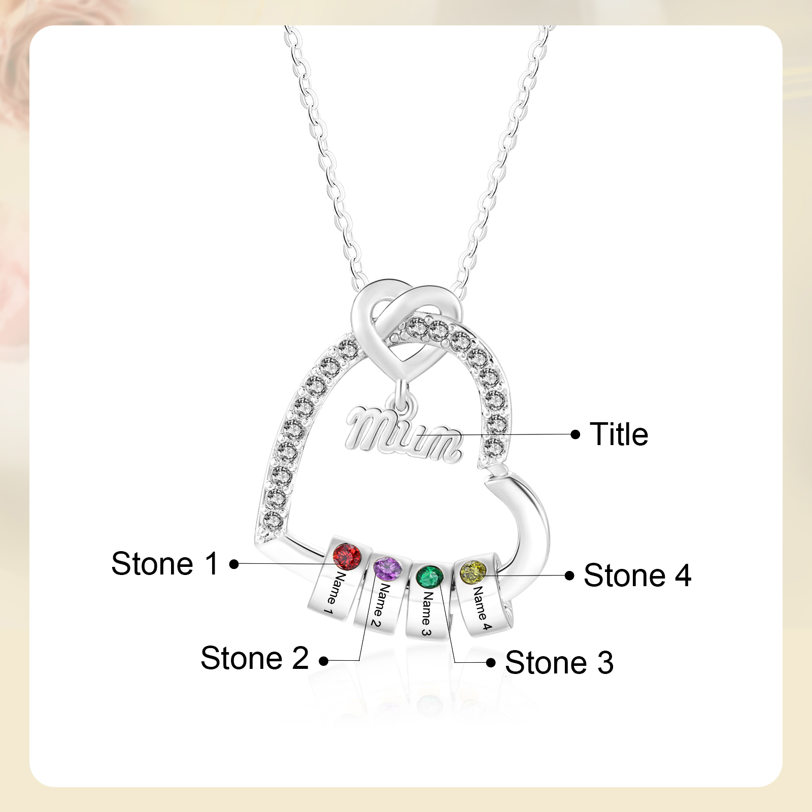 Personalised Birthstone Heart Necklace With 1-5 Names For Mum