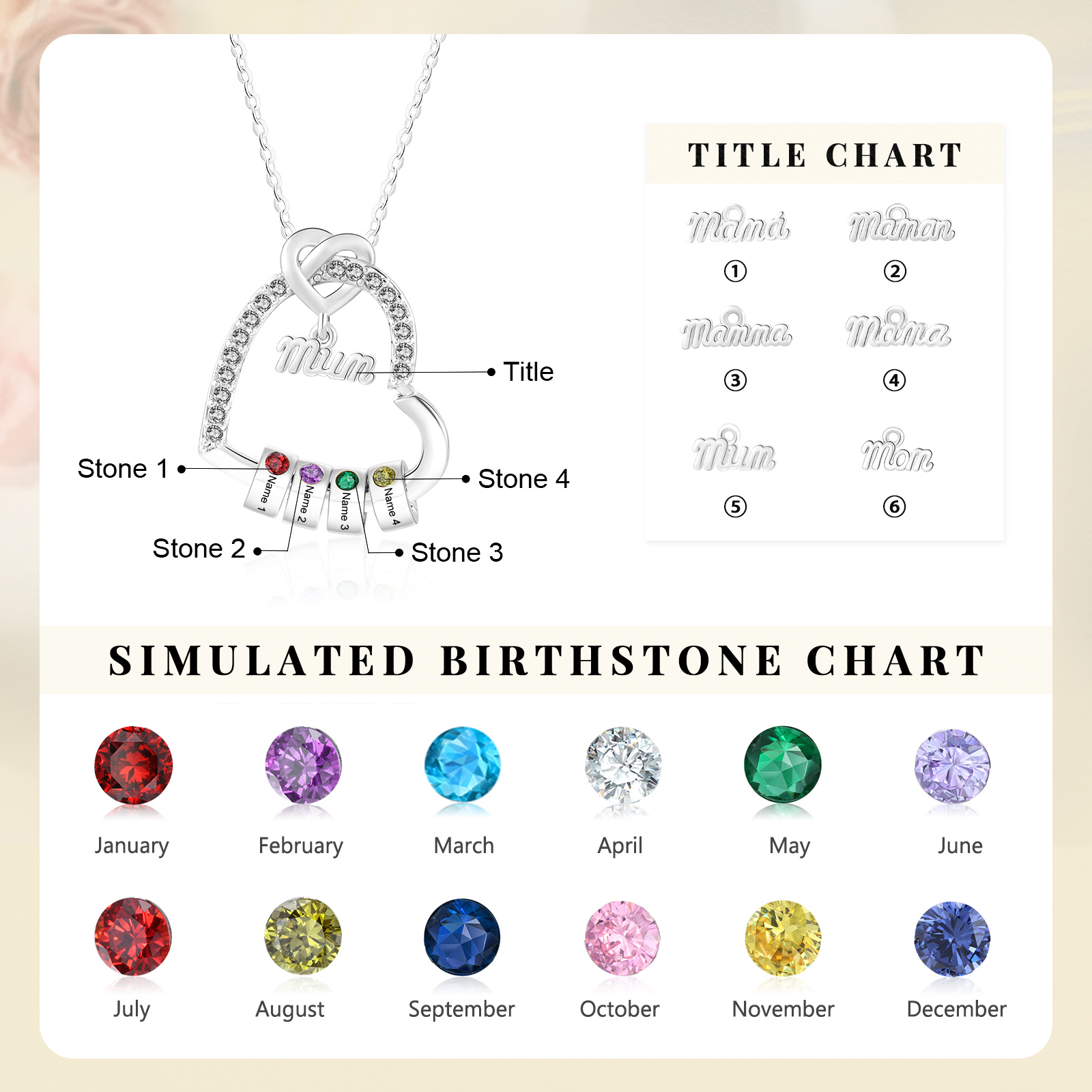 Personalised Birthstone Heart Necklace With 1-5 Names For Mum