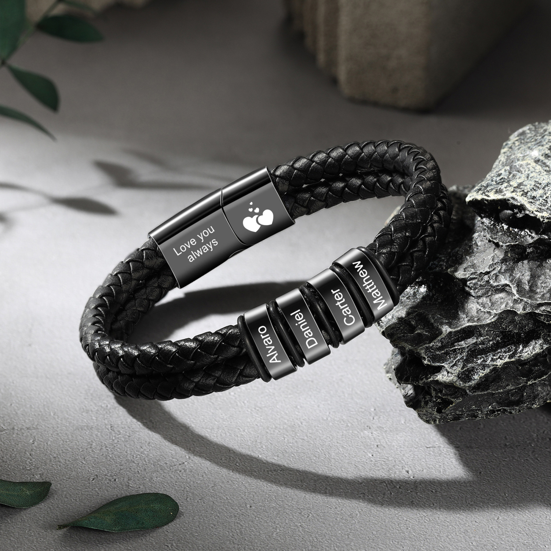 Personalised 2-6 Names Braided Leather Bracelet For Men Dad Grandad