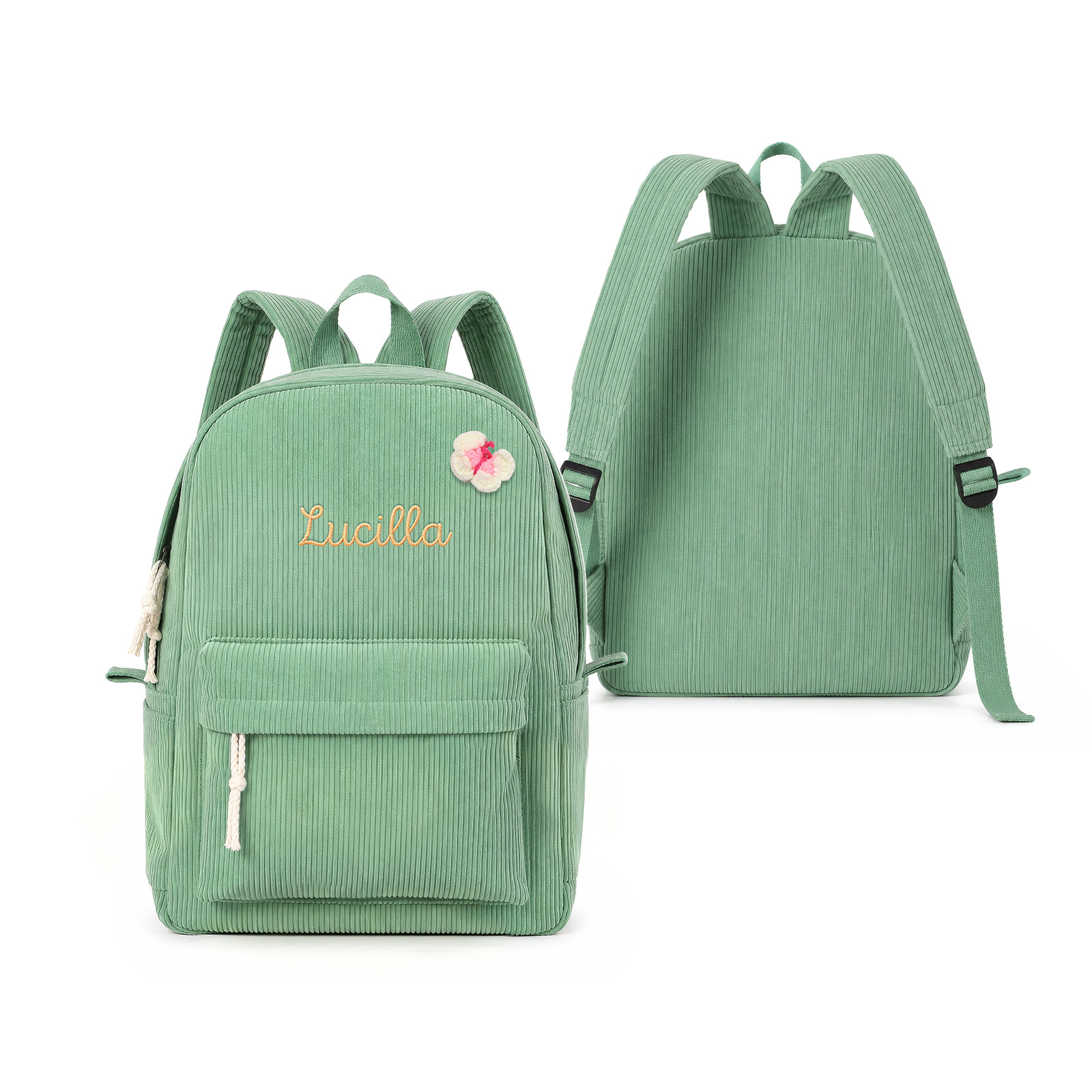 Personalised Corduroy Children’s Backpack with Bow Patch, School Bag with Embroidered Name