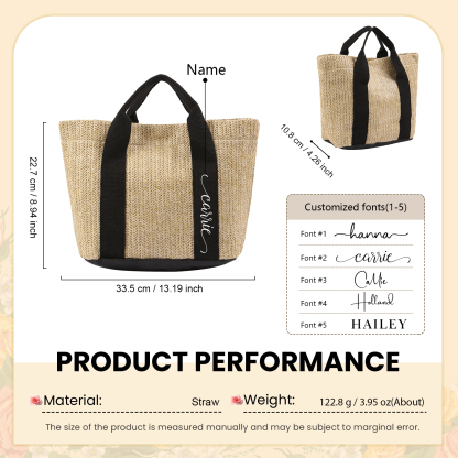 Personalised Straw Tote Bag with Custom Name – Choose from 5 Fonts & 3 Colors – Custom Gift for Mum, Teacher, Friends