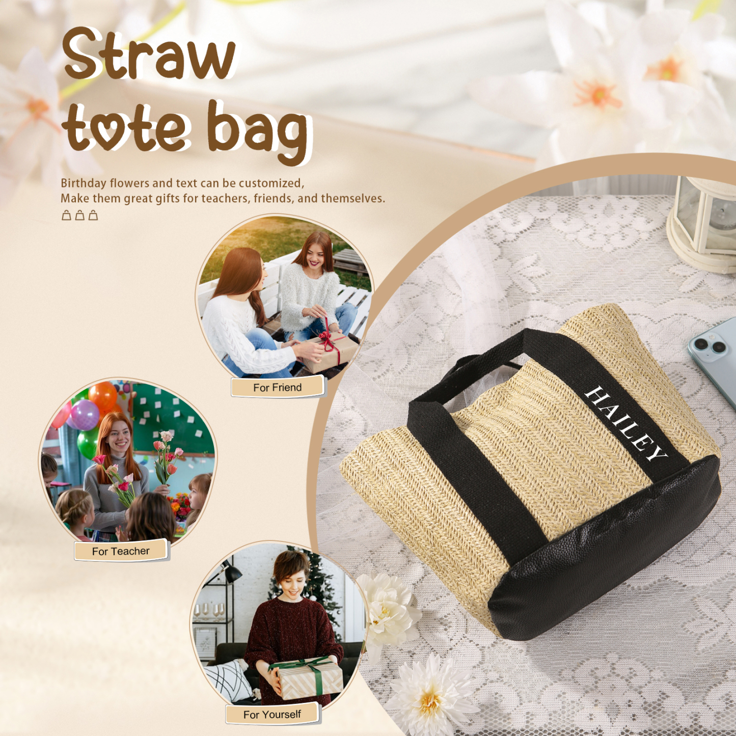 Personalised Straw Tote Bag with Custom Name – Choose from 5 Fonts & 3 Colors – Custom Gift for Mum, Teacher, Friends