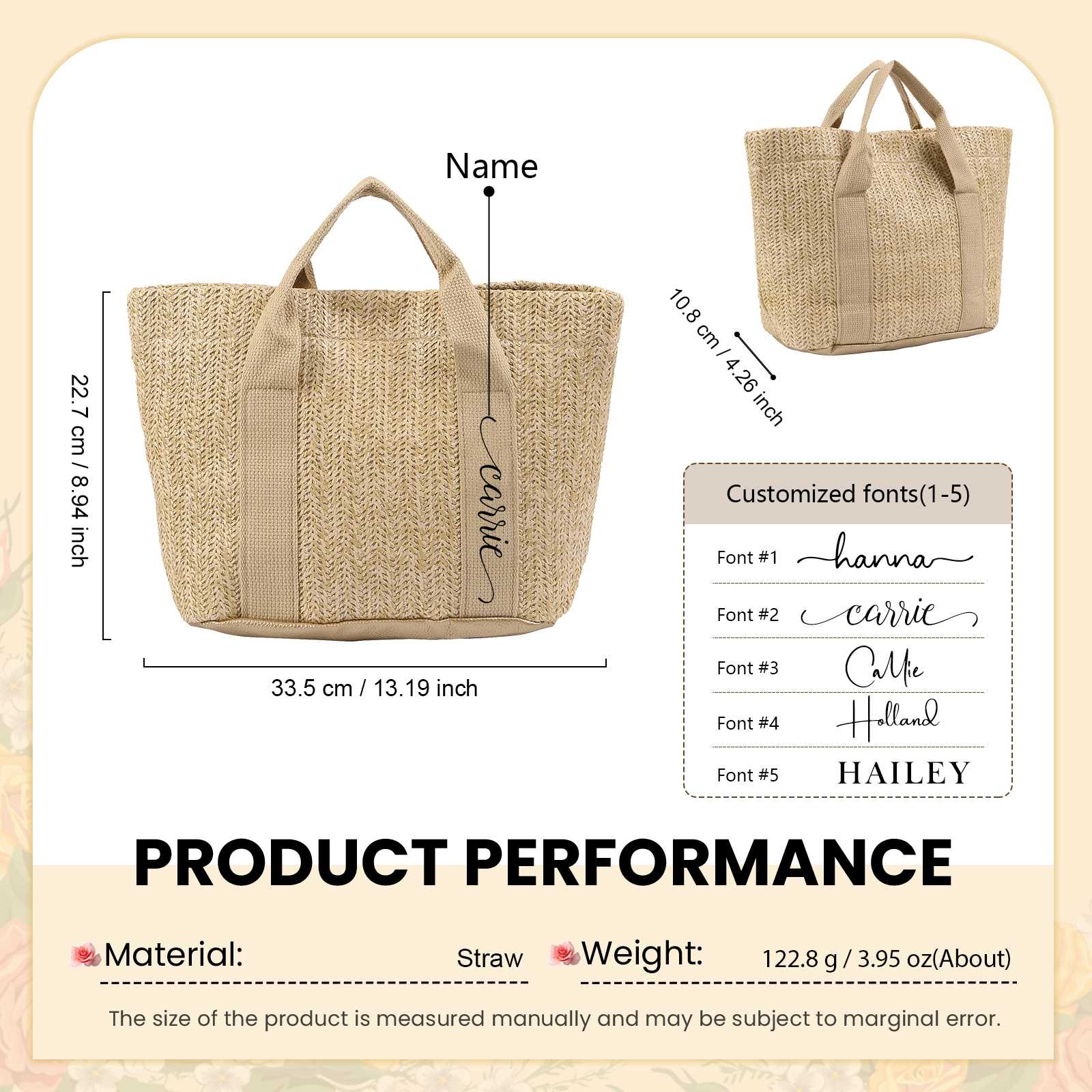 Personalised Straw Tote Bag with Custom Name – Choose from 5 Fonts & 3 Colors – Custom Gift for Mum, Teacher, Friends