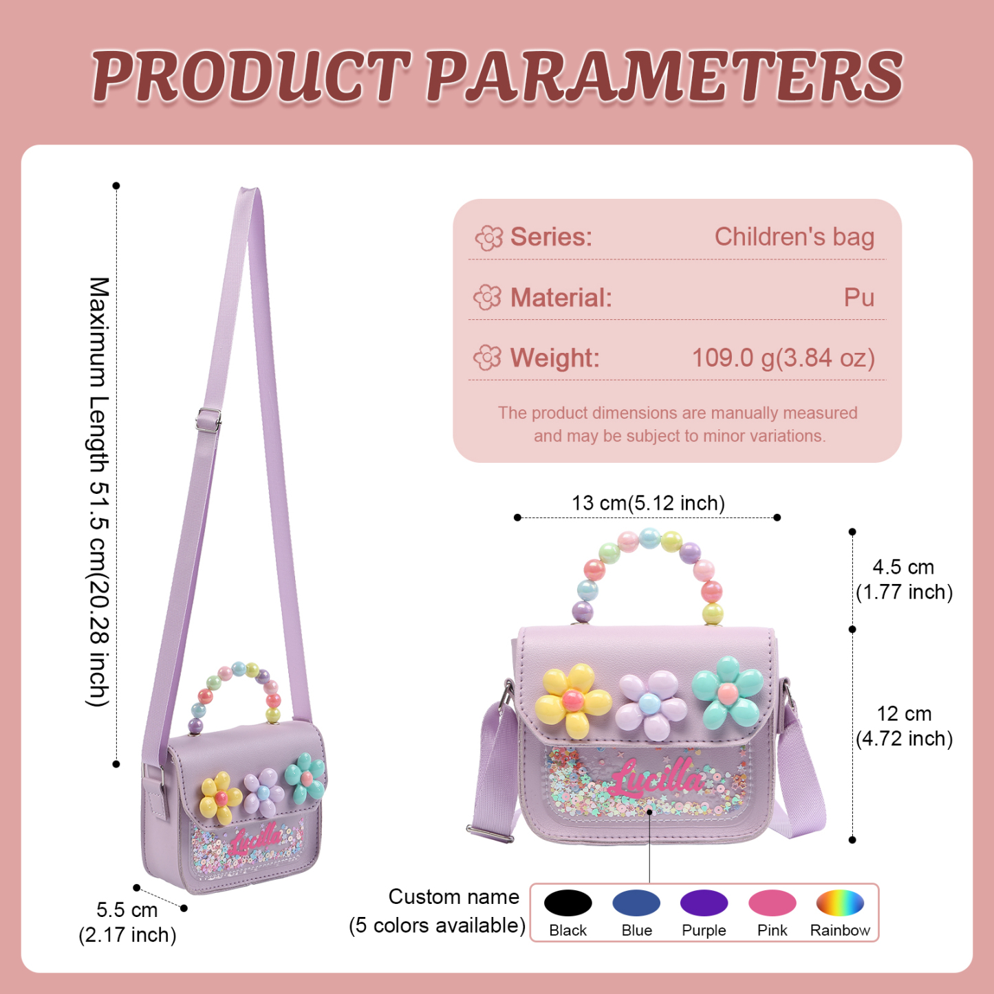 Personalised Kids’ Handbag with Colourful Beaded Handle & Flower Design – Custom Name, 5 Colours, Cute PU Shoulder Bag for Girls – Jessemade