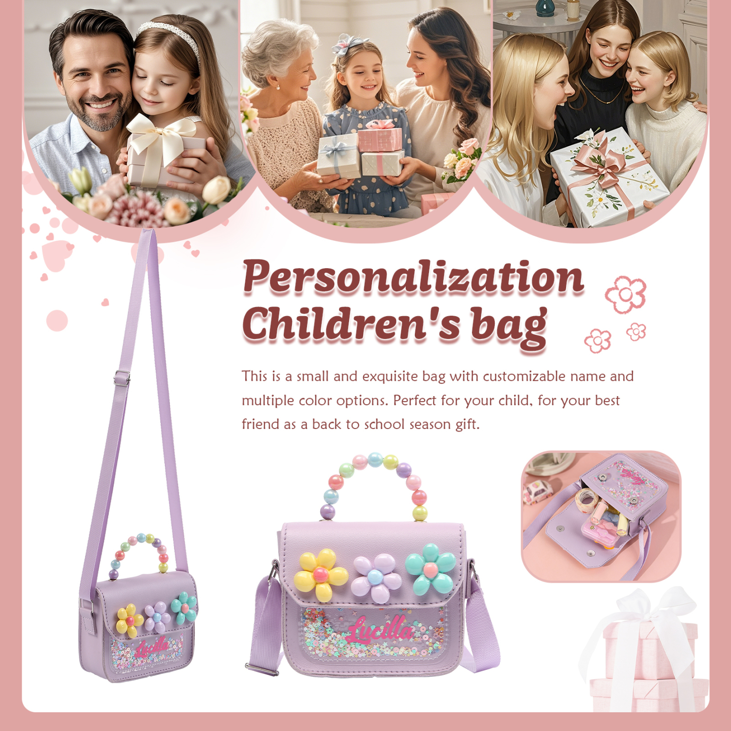 Personalised Kids’ Handbag with Colourful Beaded Handle & Flower Design – Custom Name, 5 Colours, Cute PU Shoulder Bag for Girls – Jessemade