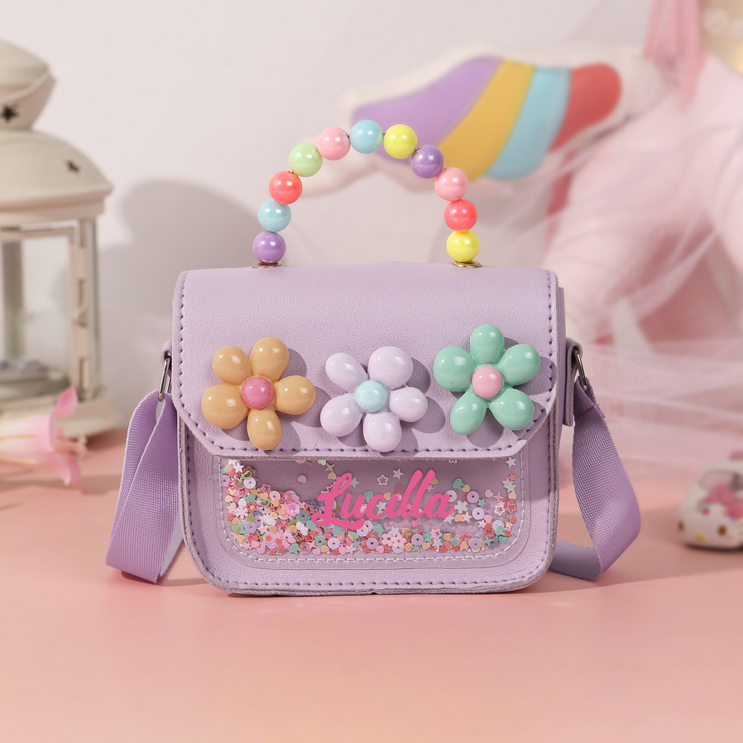 Personalised Kids’ Handbag with Colourful Beaded Handle & Flower Design – Custom Name, 5 Colours, Cute PU Shoulder Bag for Girls – Jessemade